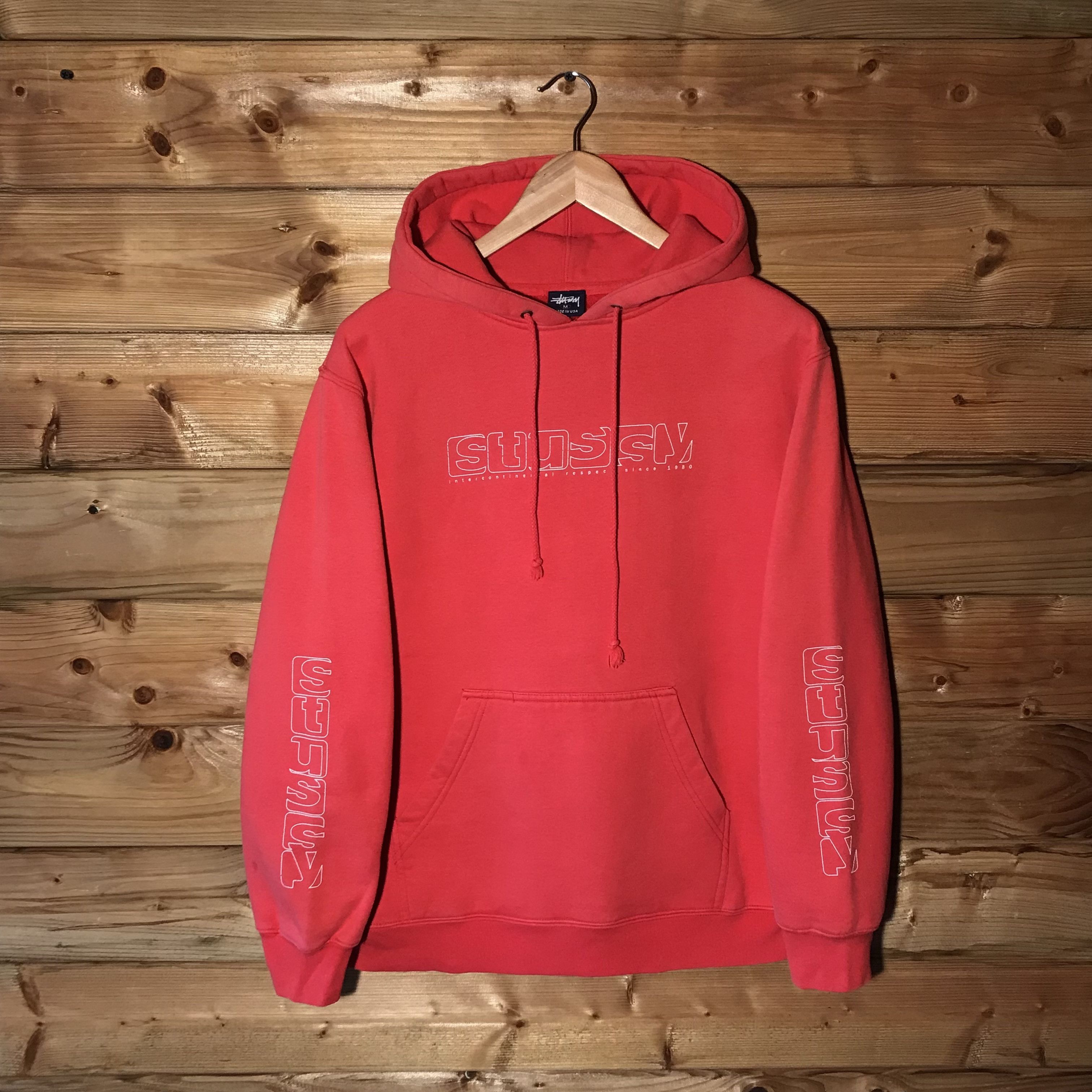 image of Made In USA x Stussy 90's Stussy Nytla Intercontinental Respect Spellout Hoodie in Red (Size Medium