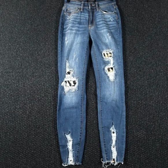 Vintage Judy Blue Jeans Skinny Distressed Leopard Patch 5-Pocket Denim Blue 24 Womens - JB82166DK Size 42" / US 20 - 2 Thumbnail