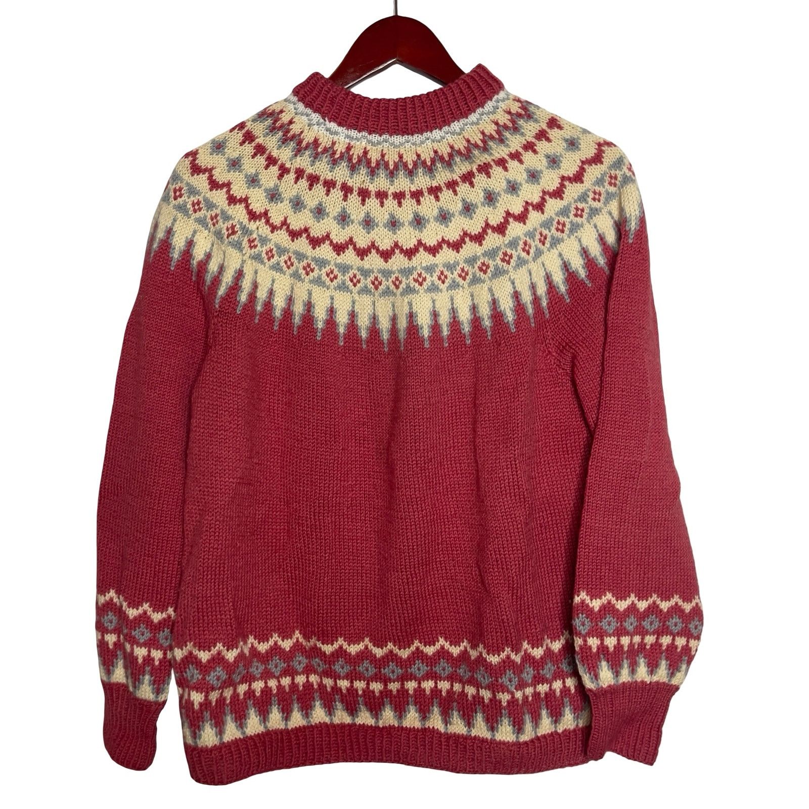 Vintage Vintage Handknitt Pink Fair Isle Nordic Sweater 100% Wool Size S / US 4 / IT 40 - 1 Thumbnail