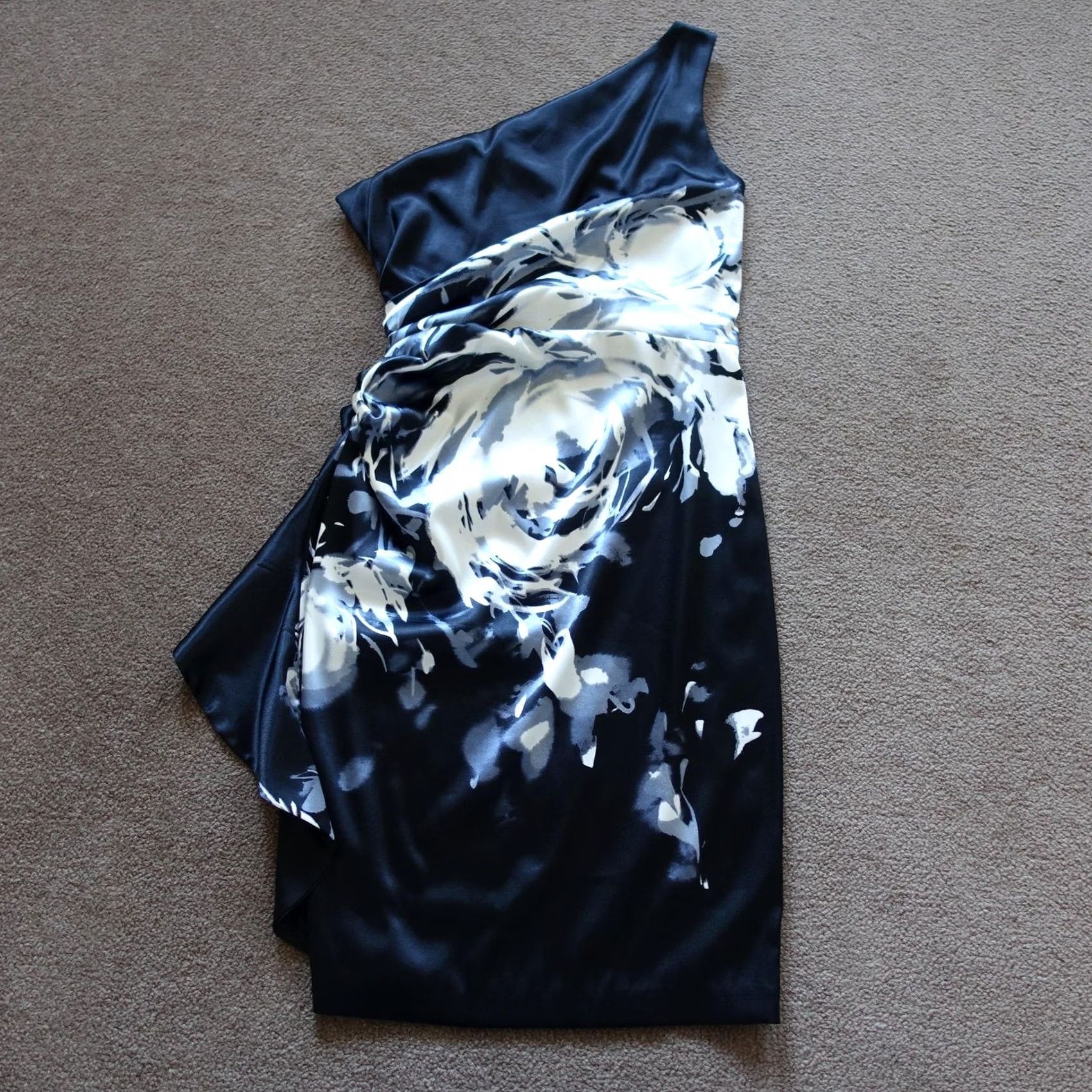 Vintage VINTAGE London Times Dress Womens 6 Black Floral One Shoulder Formal Sheath Cocktail Size M / US 6-8 / IT 42-44 - 5 Thumbnail