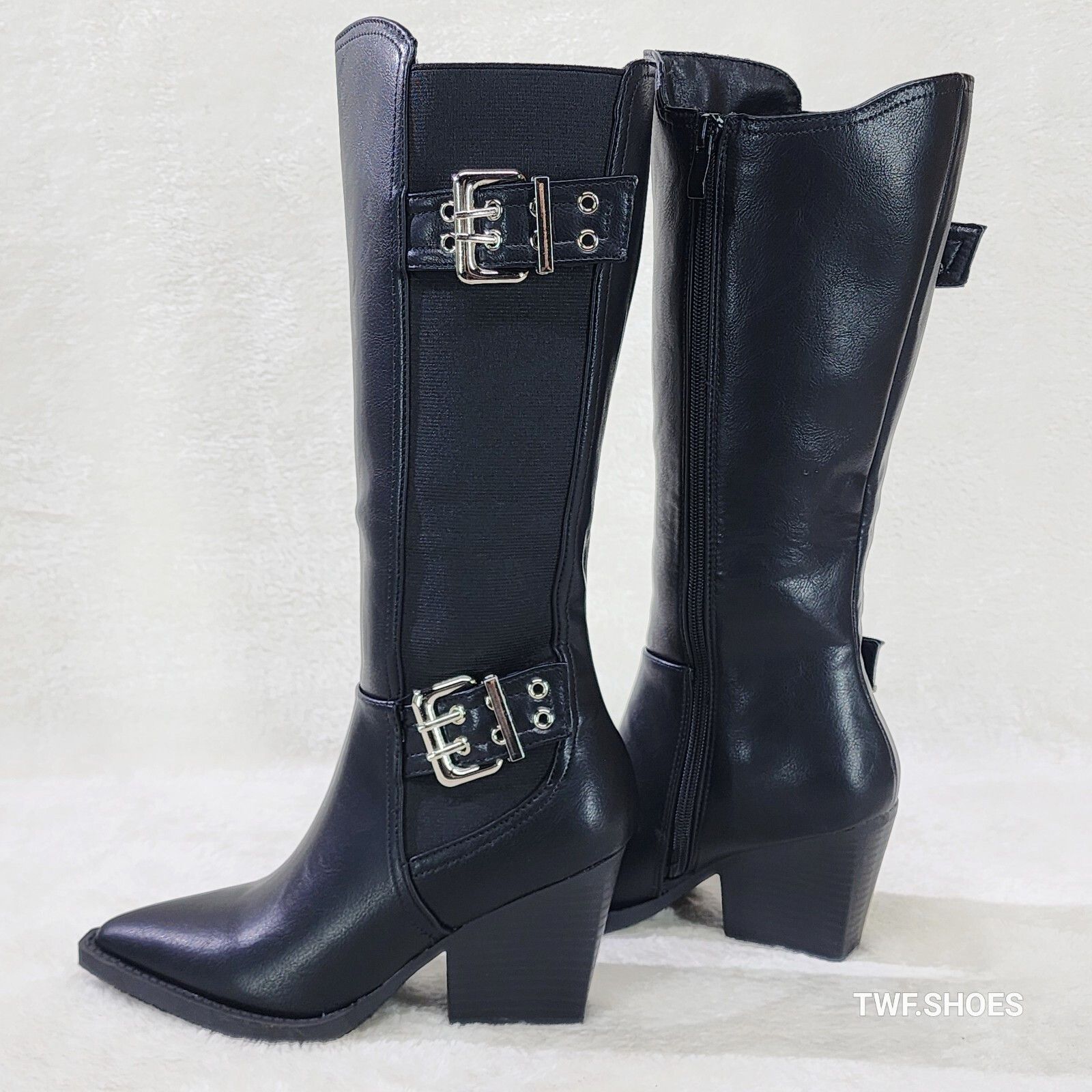 Other Flexi Jet Black Faux Leather Elastic Panel Cowgirl Country W Size US 9 / IT 39 - 3 Thumbnail