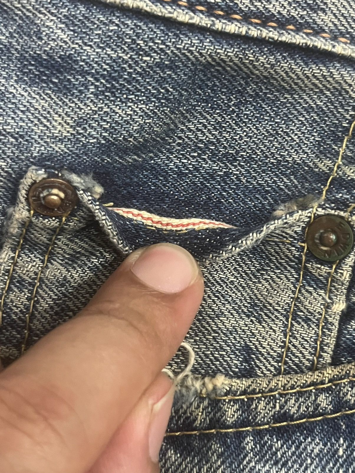 No Faith Studios Edwin 505XX Blue Faded Washed Distressed Selvedge Jeans Size US 29 - 6 Thumbnail