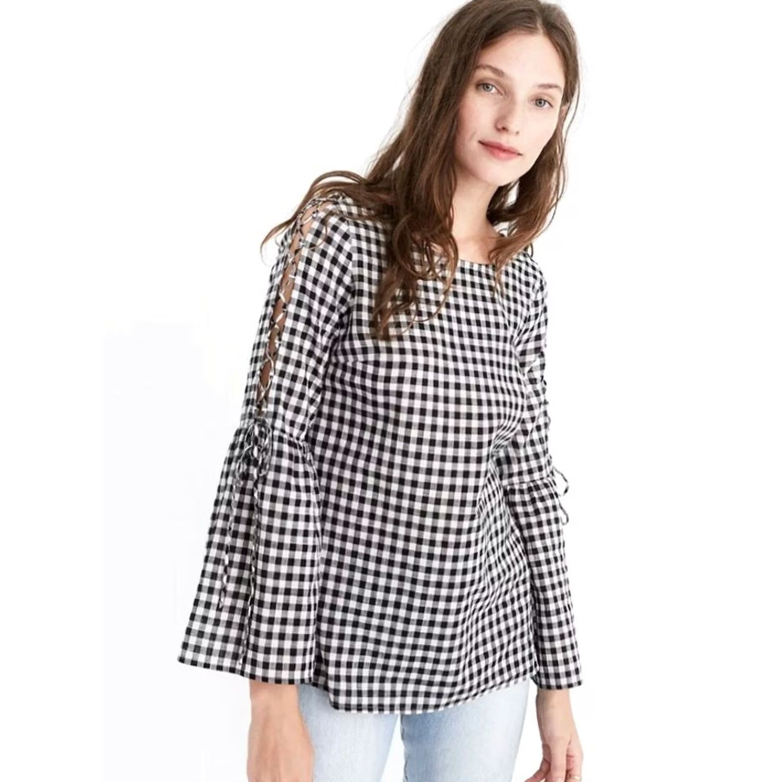 Madewell Madewell Button-Up Top Gingham Lace-Up Bell Sleeve 3/4 Multicolor Cotton M Womens Mens? Size M / US 6-8 / IT 42-44 - 3 Thumbnail