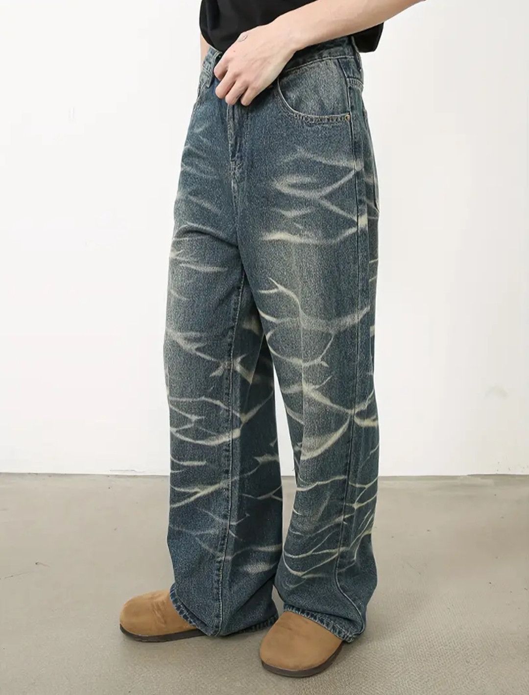 Retro Loose Straight Leg Wave Fade Denim Jeans