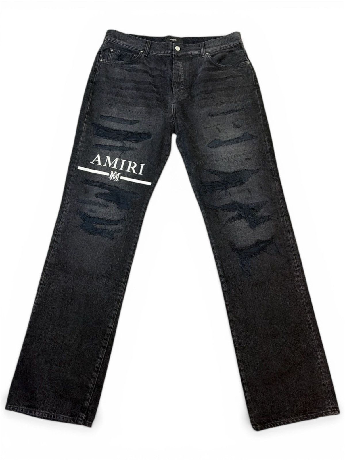 Amiri Bar Logo Embroidered Repair Straight Leg Jeans sz 36