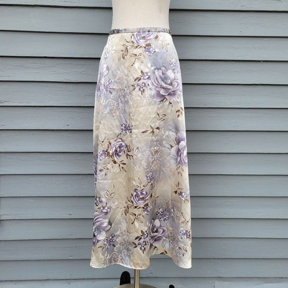 Vintage Vintage 90s y2k Kathy Lee Blue Tan Satin Purple Floral Midi Size 34" / US 12 / IT 48 - 4 Thumbnail