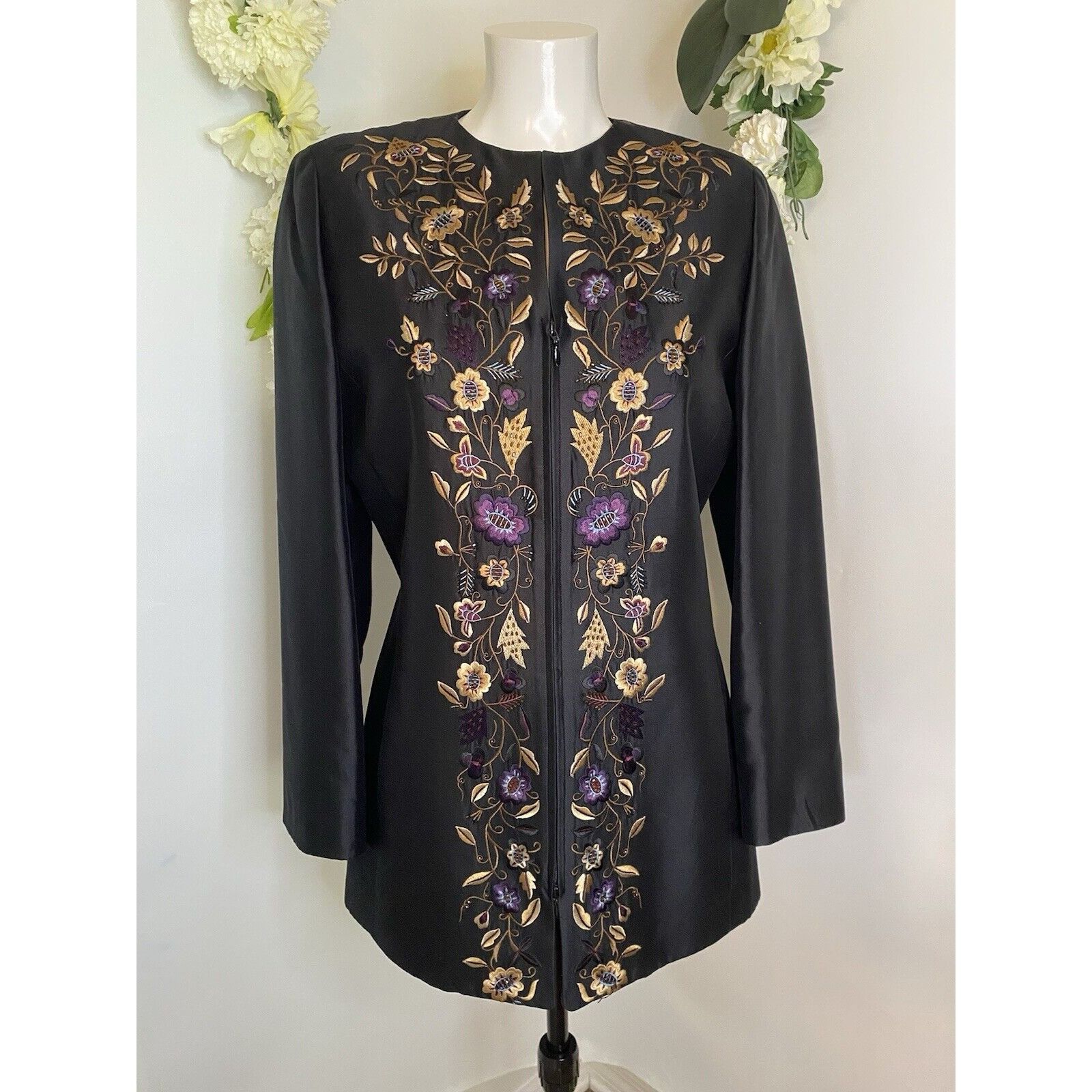 Vintage Dana Buchman Vintage Silk Jacket Long 90s Floral Embroidered Size S / US 4 / IT 40 - 13 Thumbnail