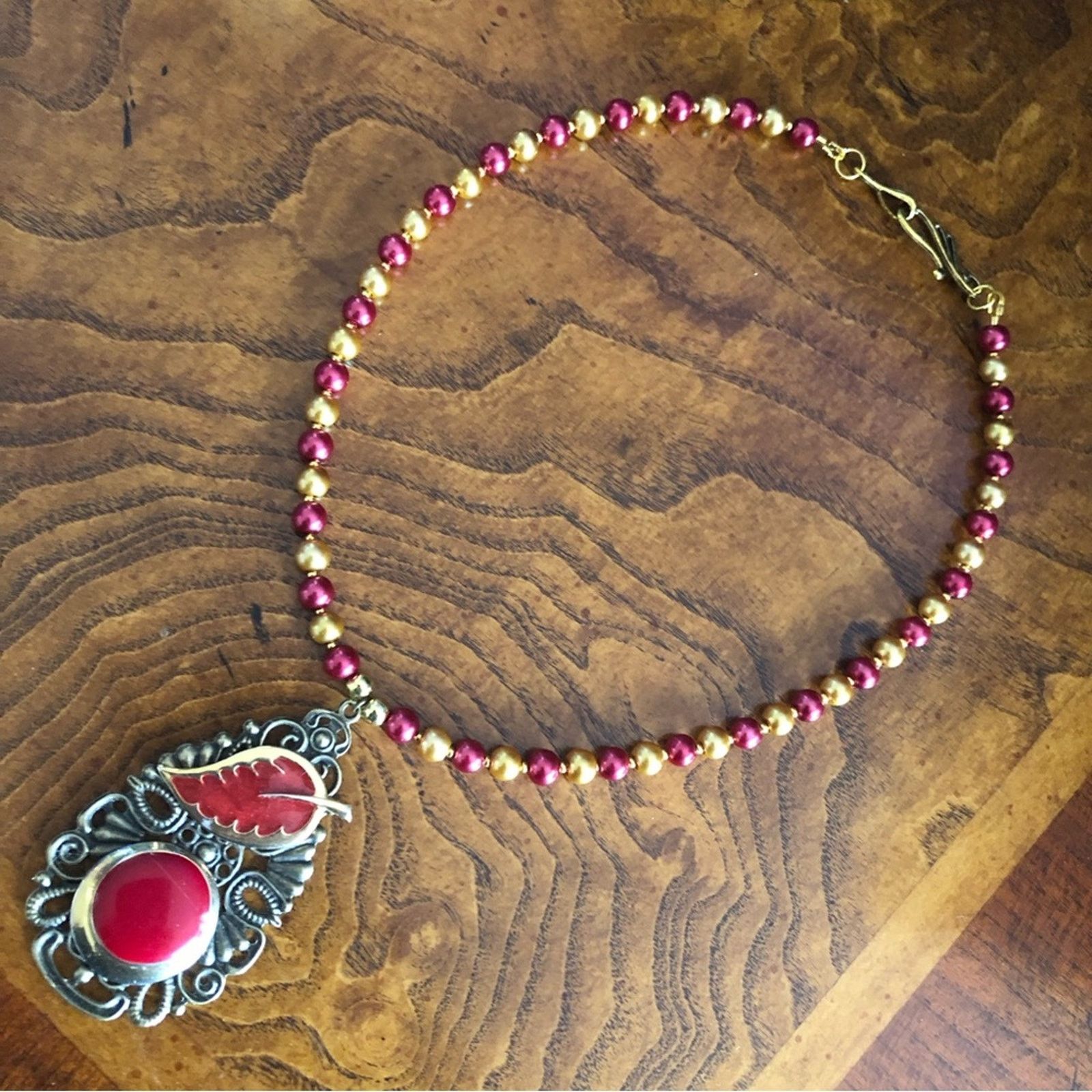 Handmade Handcrafted repurpose red enamel filigree pearl necklace Size ONE SIZE - 10 Thumbnail