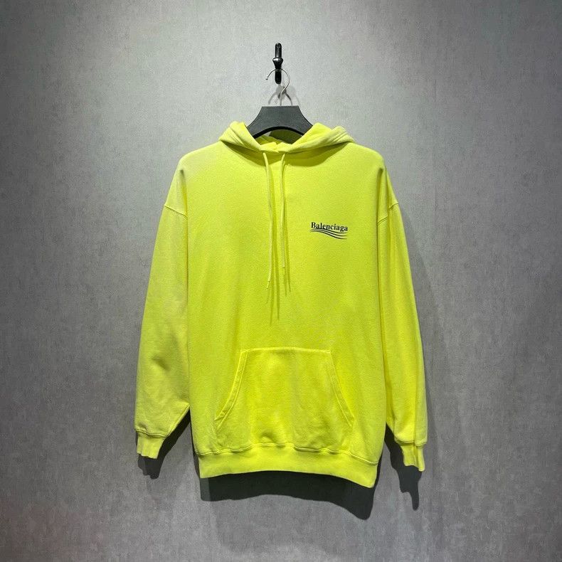 Balenciaga Neon Yellow Wave Logo Hooded Sweatshirt, Size X