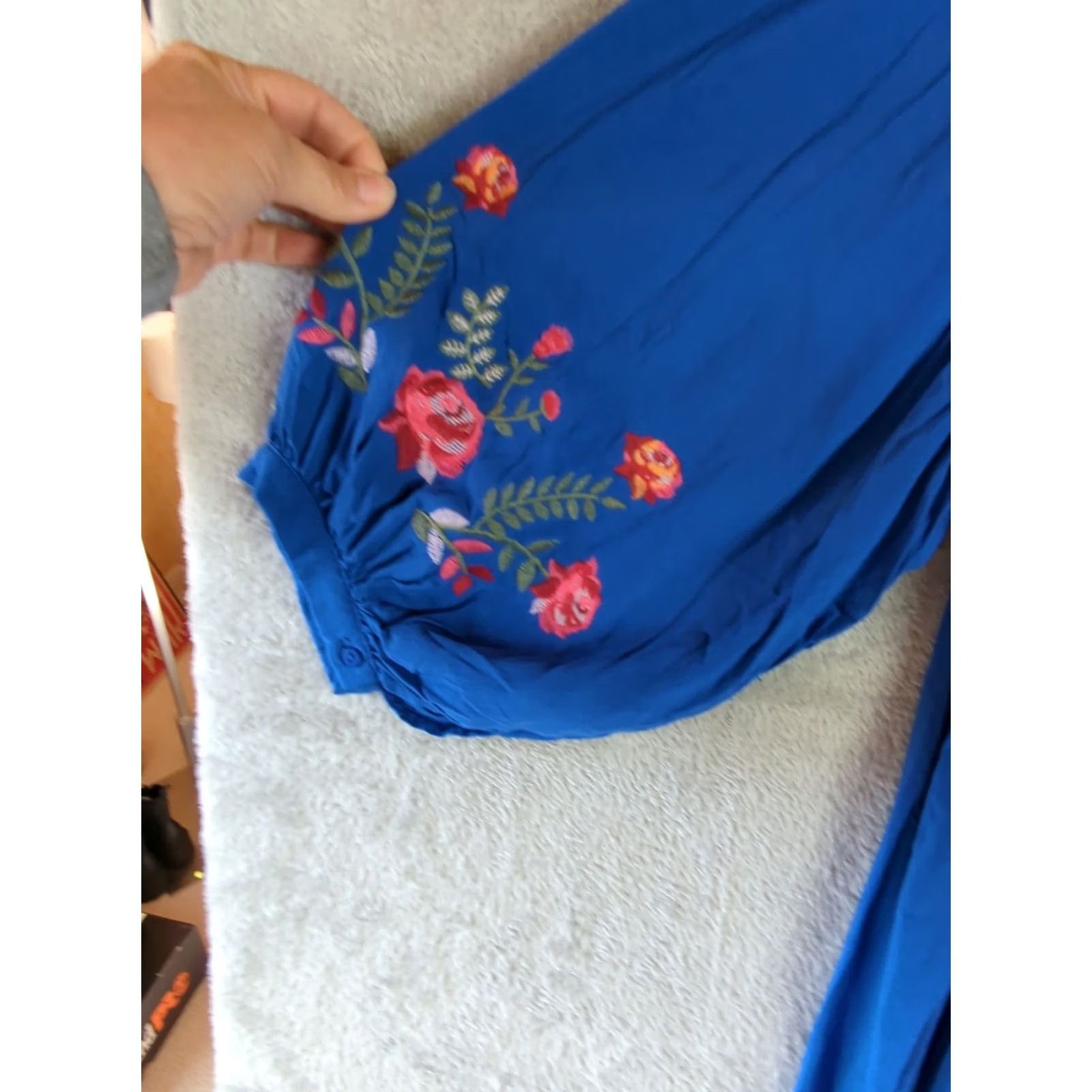 Anthropologie Jodifl Dress Blue Floral Embroidered 3/4 Puff Sleeve Round Neck Short Shift Rayon Machine Washable Casual Womens M Size M / US 6-8 / IT 42-44 - 2 Thumbnail