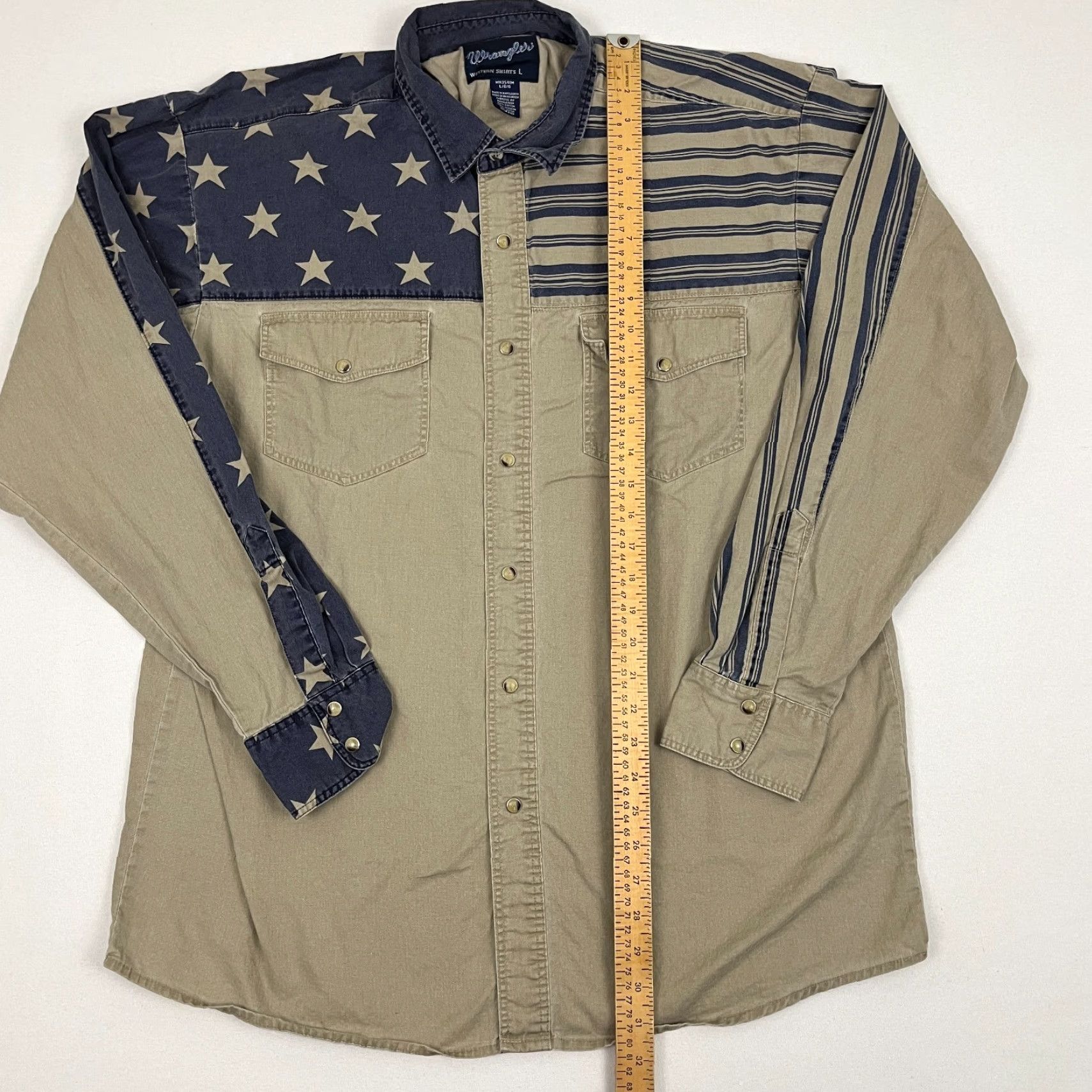 Wrangler VINTAGE Wrangler Shirt Mens L / XL Brown Blue Pearl Snap USA Flag Western Rockability Shirt Size US L / EU 52-54 / 3 - 3 Thumbnail