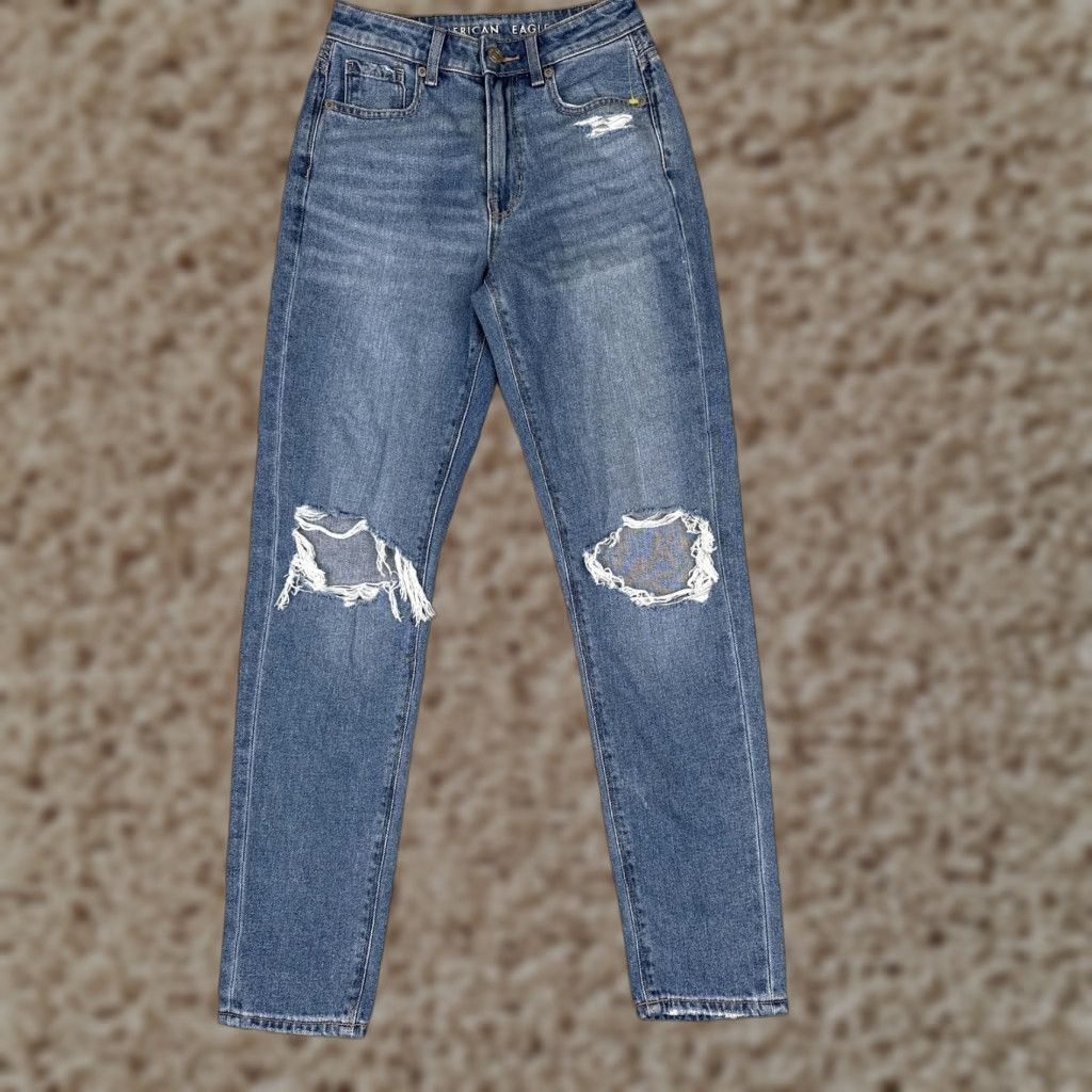 American Eagle Outfitters American Eagle Outfitters Mom Jeans Womens 00 Blue Distressed High Rise Stretch 24x29 Size 24" / US 00 / IT 34 - 1 Thumbnail