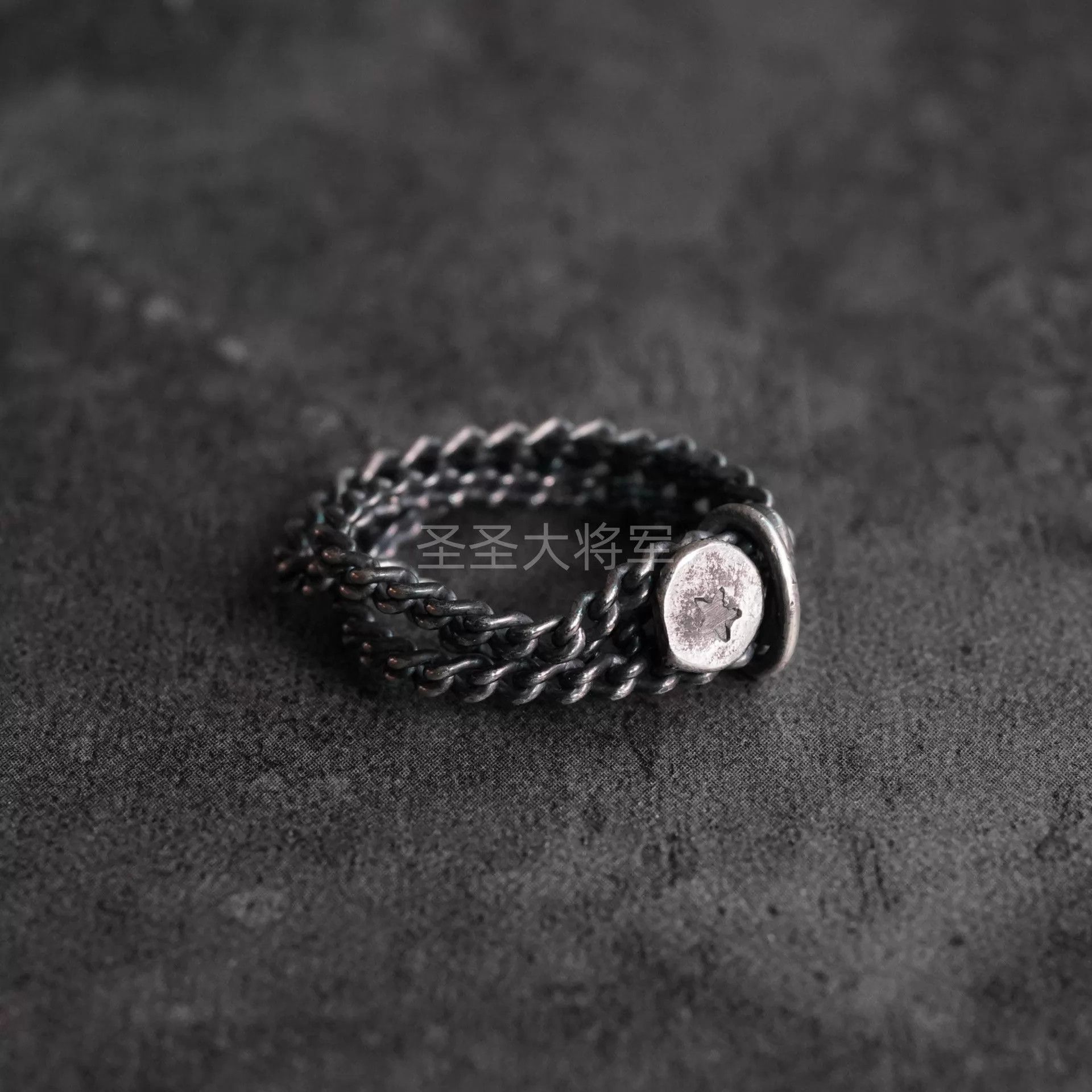 DETAJ Detaj Distressed Star Logo Sterling Silver & Black Rope Ring Size ONE SIZE - 1 Thumbnail