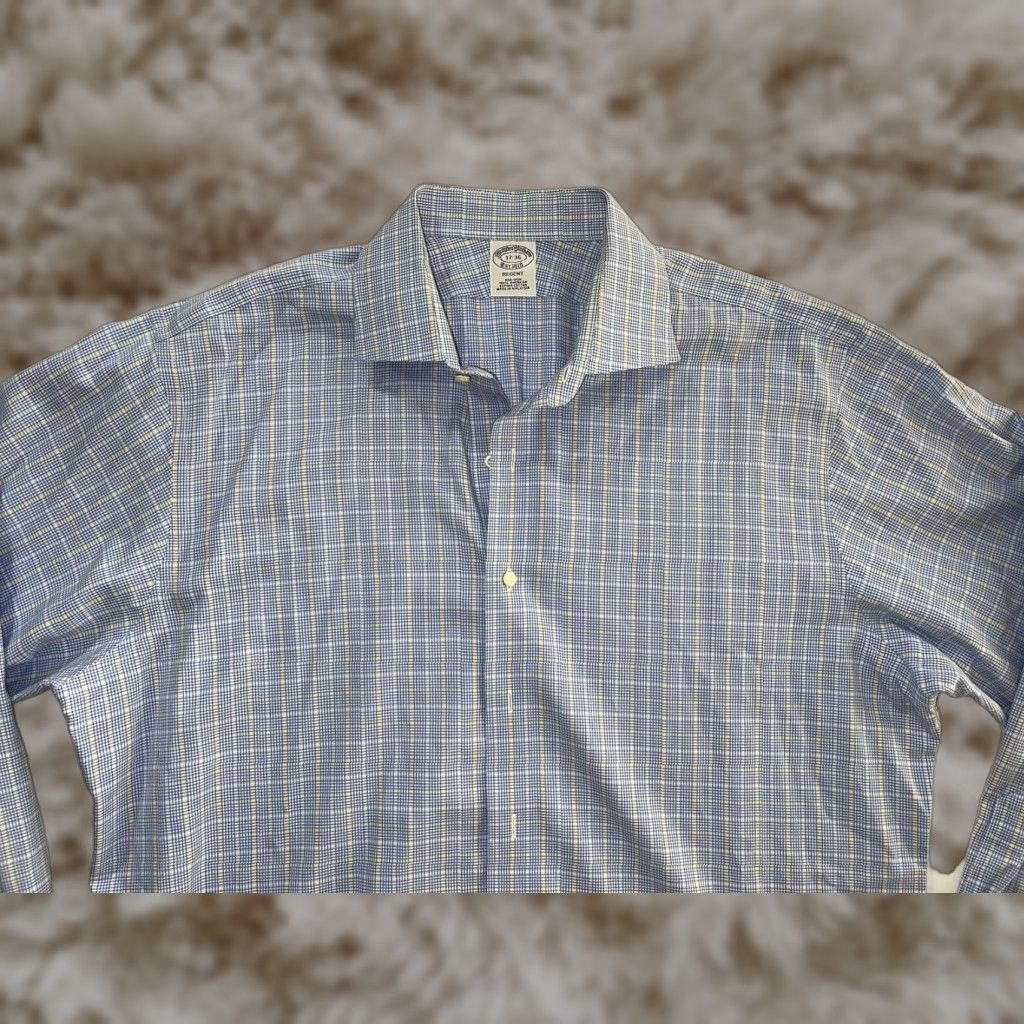 Brooks Brothers Shirt Mens 17 36 White Blue Regent Check Button-Up Long Sleeve Collared Regular
