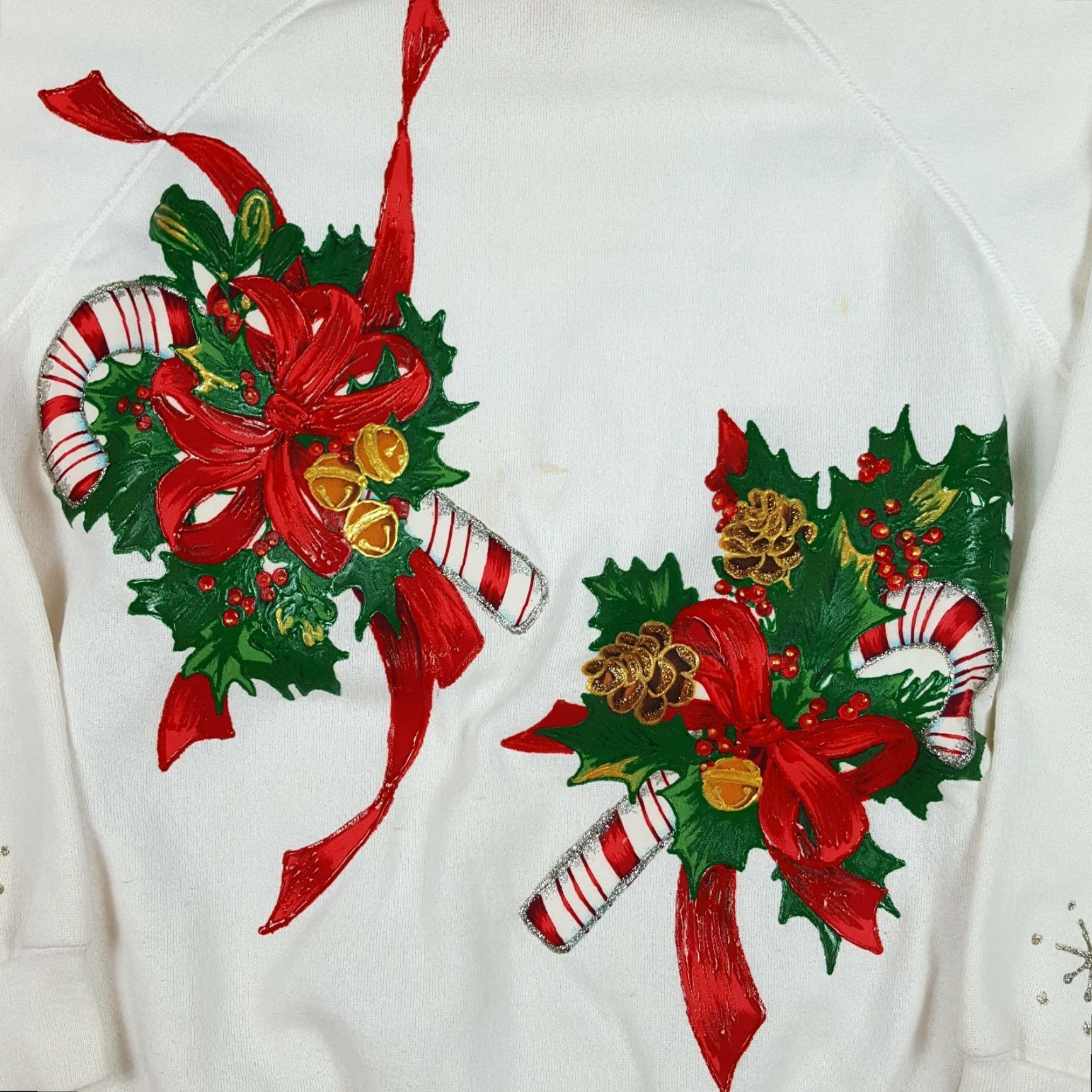 Hanes VINTAGE Hanes Sweatshirt Christmas Candy Cane Women's L Raglan Crewneck 90s Holiday White Knit Cotton Blend All Seasons Graphic Print Size L / US 10 / IT 46 - 2 Thumbnail