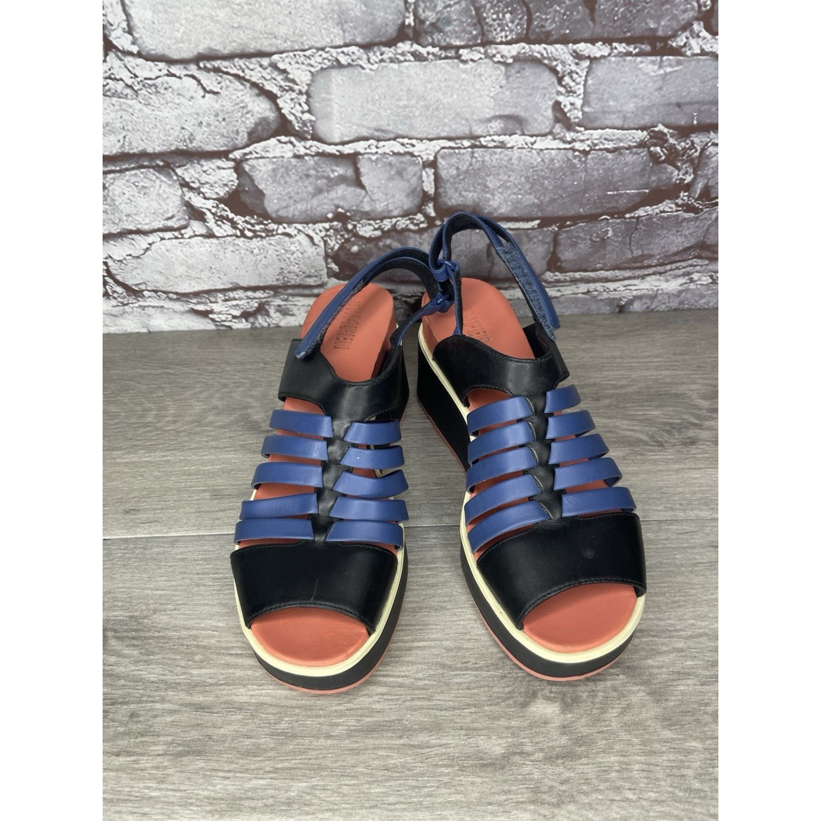 Camper Camper Tropic Black Blue Leather Ankle Strap Wedge Sandals W Size US 5.5 / IT 35.5 - 17 Thumbnail