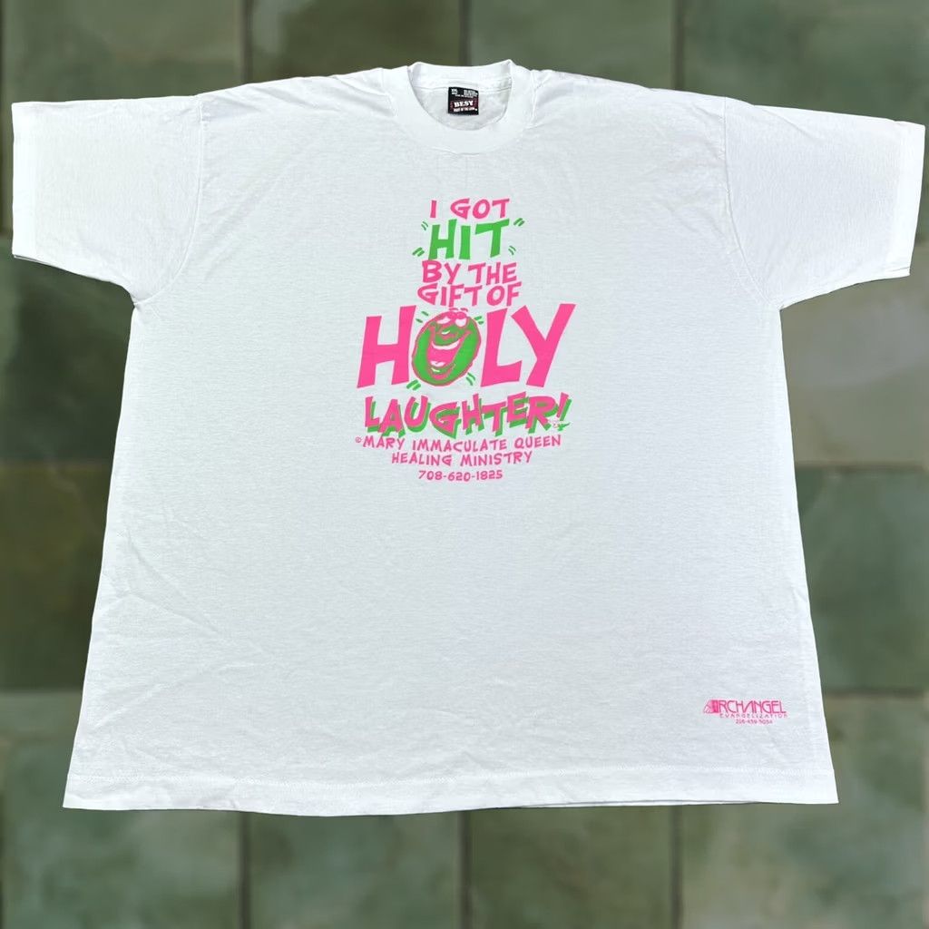 Fruit Of The Loom VINTAGE 90s Graphic Tee Christian Holy Laughter Shirt XXL White Cotton Polyester Fruit of the Loom Mens T-Shirt Graphic Print Functional Easy Care 2XL Size US XXL / EU 58 / 5 - 1 Thumbnail