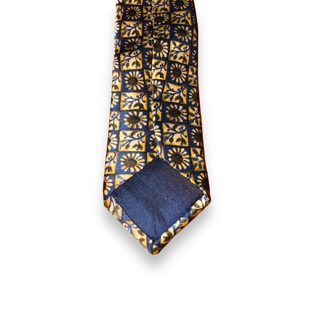 Lanvin Lanvin Navy & Gold Flower Checkerboard Handmade 100% Silk Ti Size ONE SIZE - 6 Thumbnail