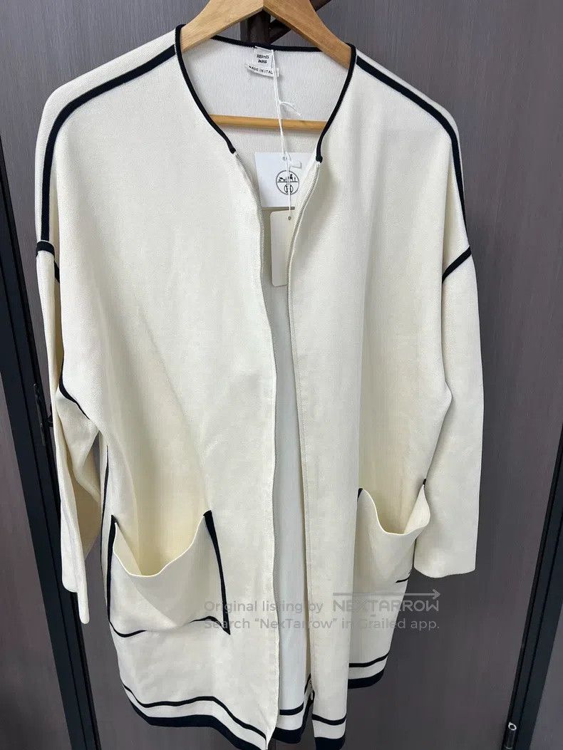 Hermes Hermes White and Black Knit Open Cardigan, 44% Silk + 56% Size XS / US 0-2 / IT 36-38 - 1 Thumbnail