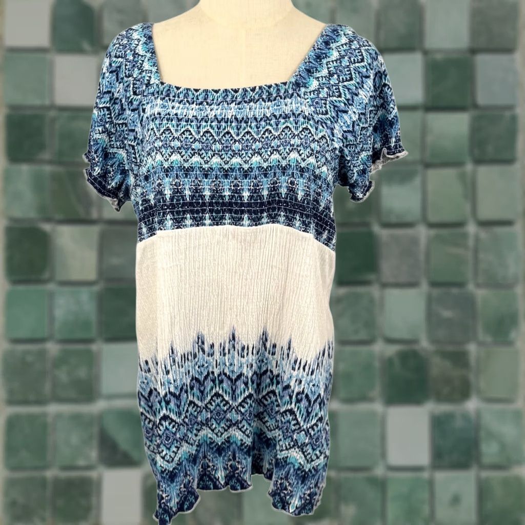 Vintage VINTAGE Ikat Smocked Top 1X Peasant Coastal Boho Artsy Tunic Lagenlook Resort Cruise EUC Size XL / US 12-14 / IT 48-50 - 1 Thumbnail