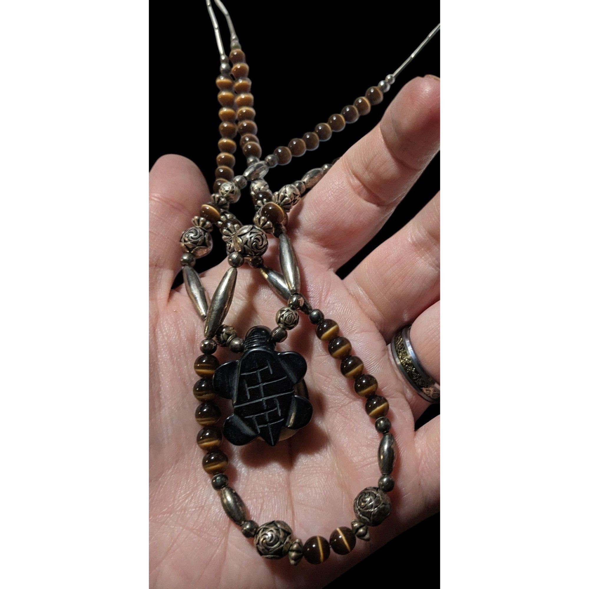 Other Vintage Liquid Silver Brown Cateye Beaded Multilayer Carved Size ONE SIZE - 5 Thumbnail