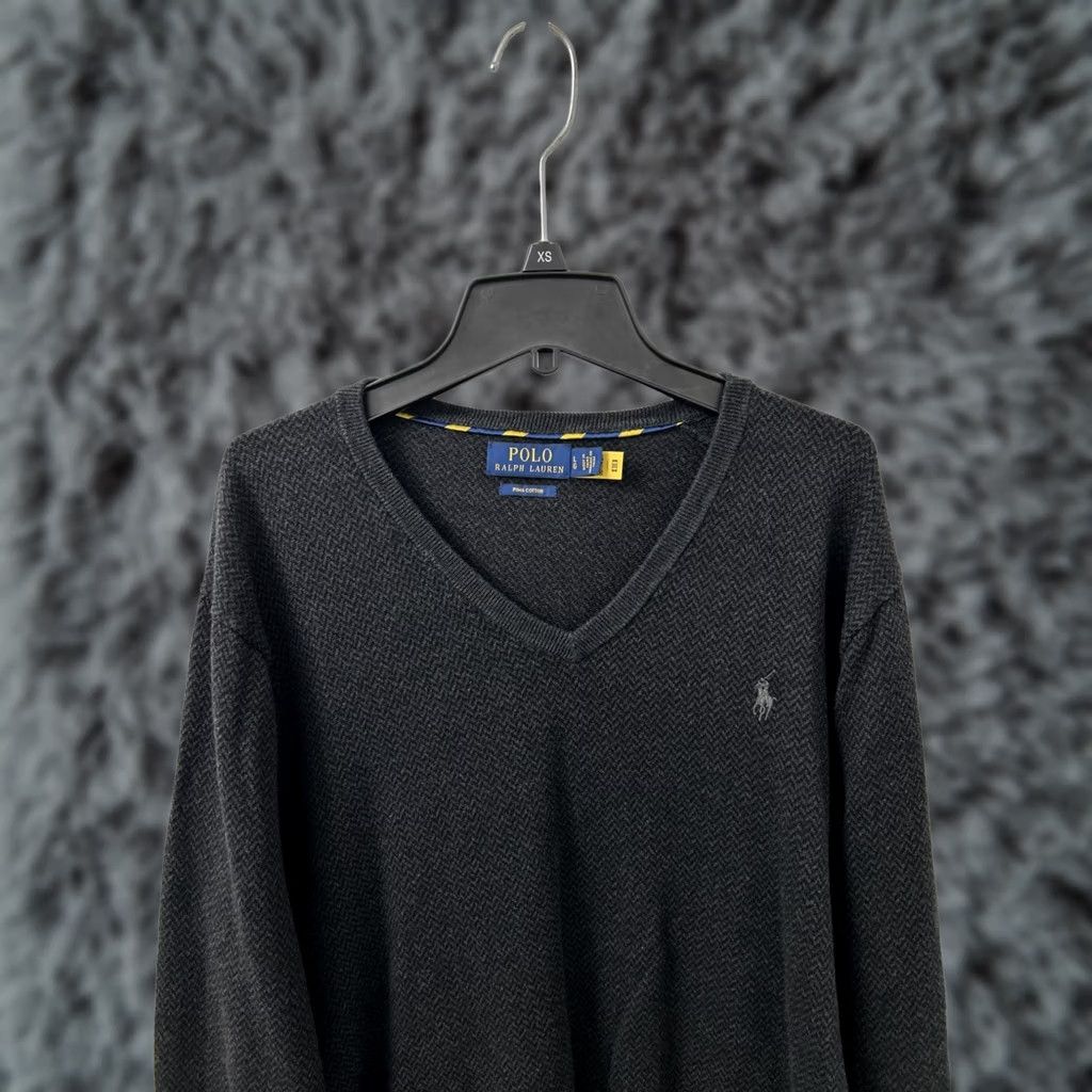 Ralph Lauren Polo Ralph Lauren Sweater Mens L Black V Neck Herringbone Pima Cotton Pullover Size US L / EU 52-54 / 3 - 1 Thumbnail