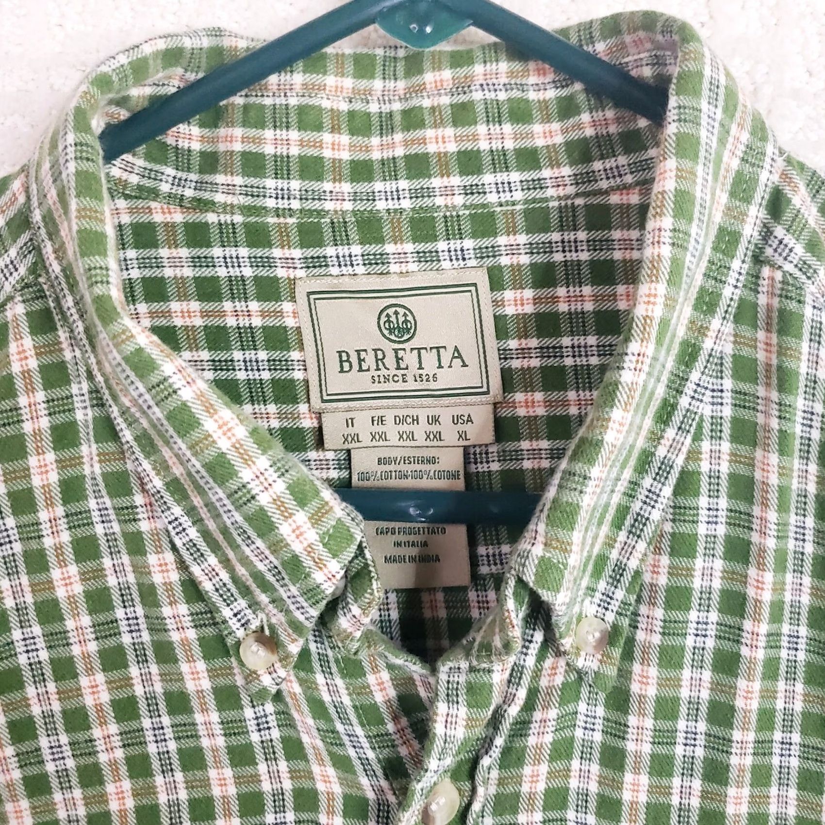 Vintage Beretta Green Plaid Cotton Flannel Button Up Dress Shirt Men's XL Size 42R - 5 Thumbnail
