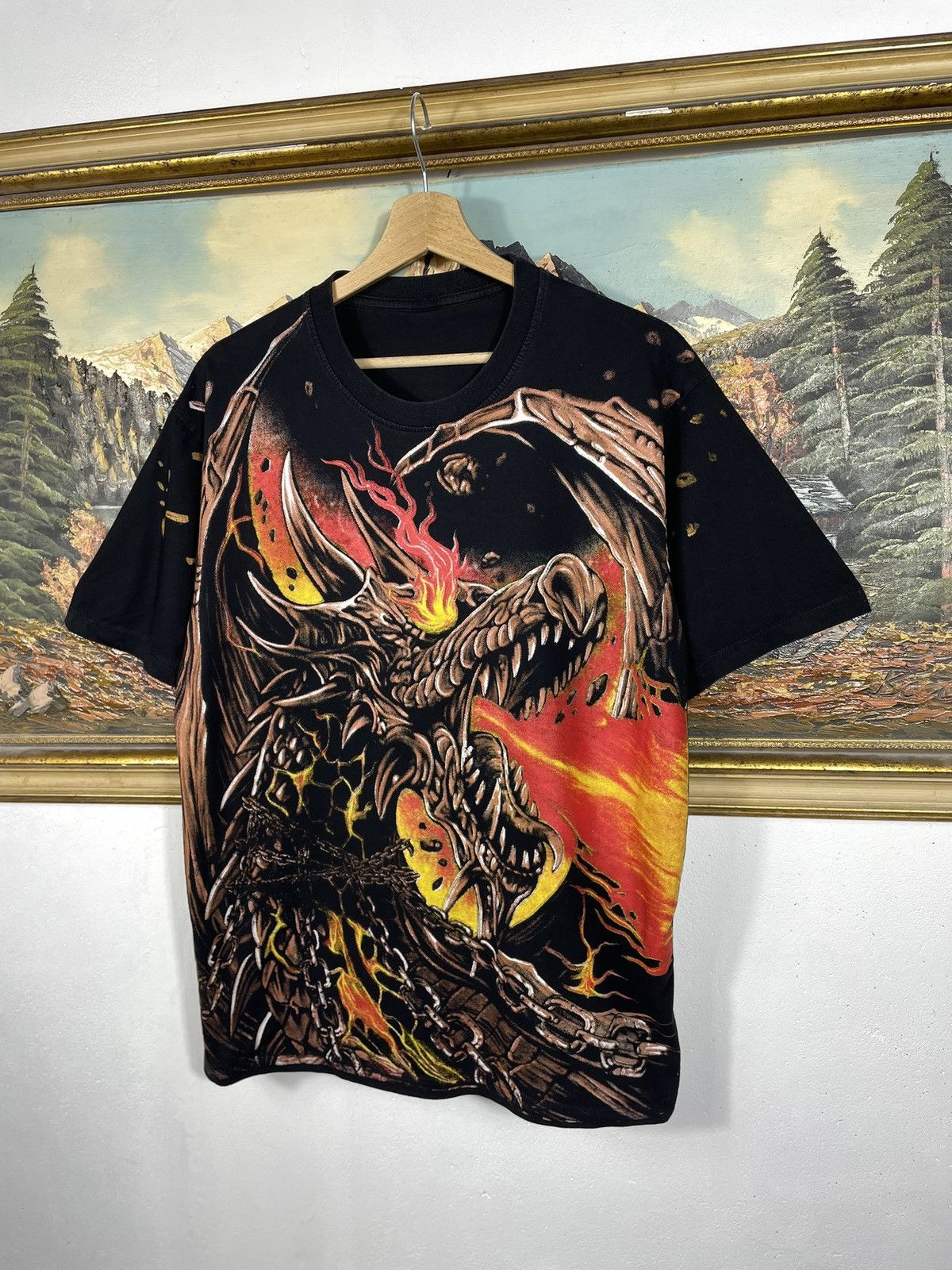 Other Vintage Y2k Black Tee Big Dragon Graphic Avant Garde Fire Size US M / EU 48-50 / 2 - 2 Thumbnail