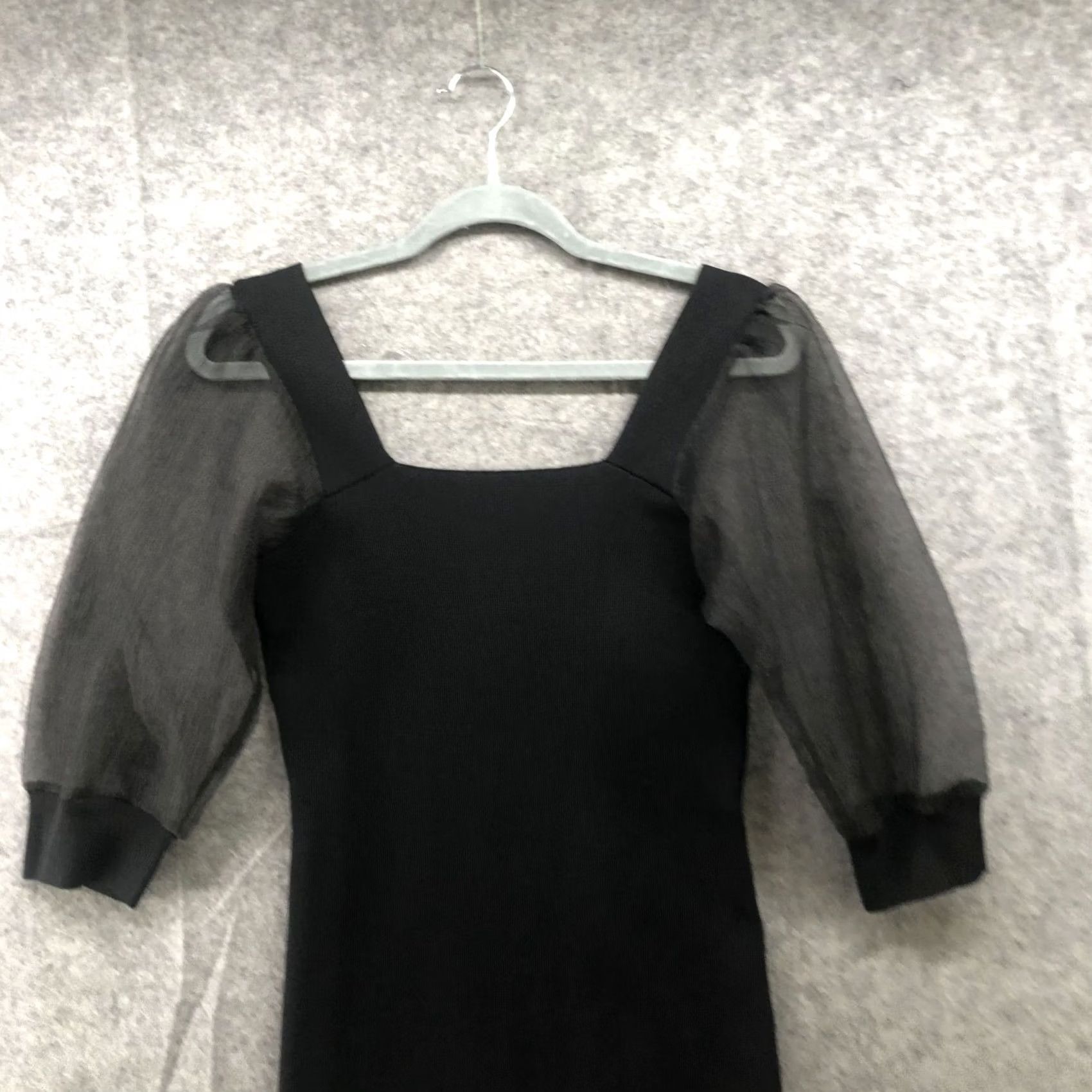 Mango MNG Black Mini Dress Size S Puff Sleeve Square Neck Knit Bodycon Swt Sweater Dress, Viscose Nylon, Short, Regular, Women Size S / US 4 / IT 40 - 3 Thumbnail