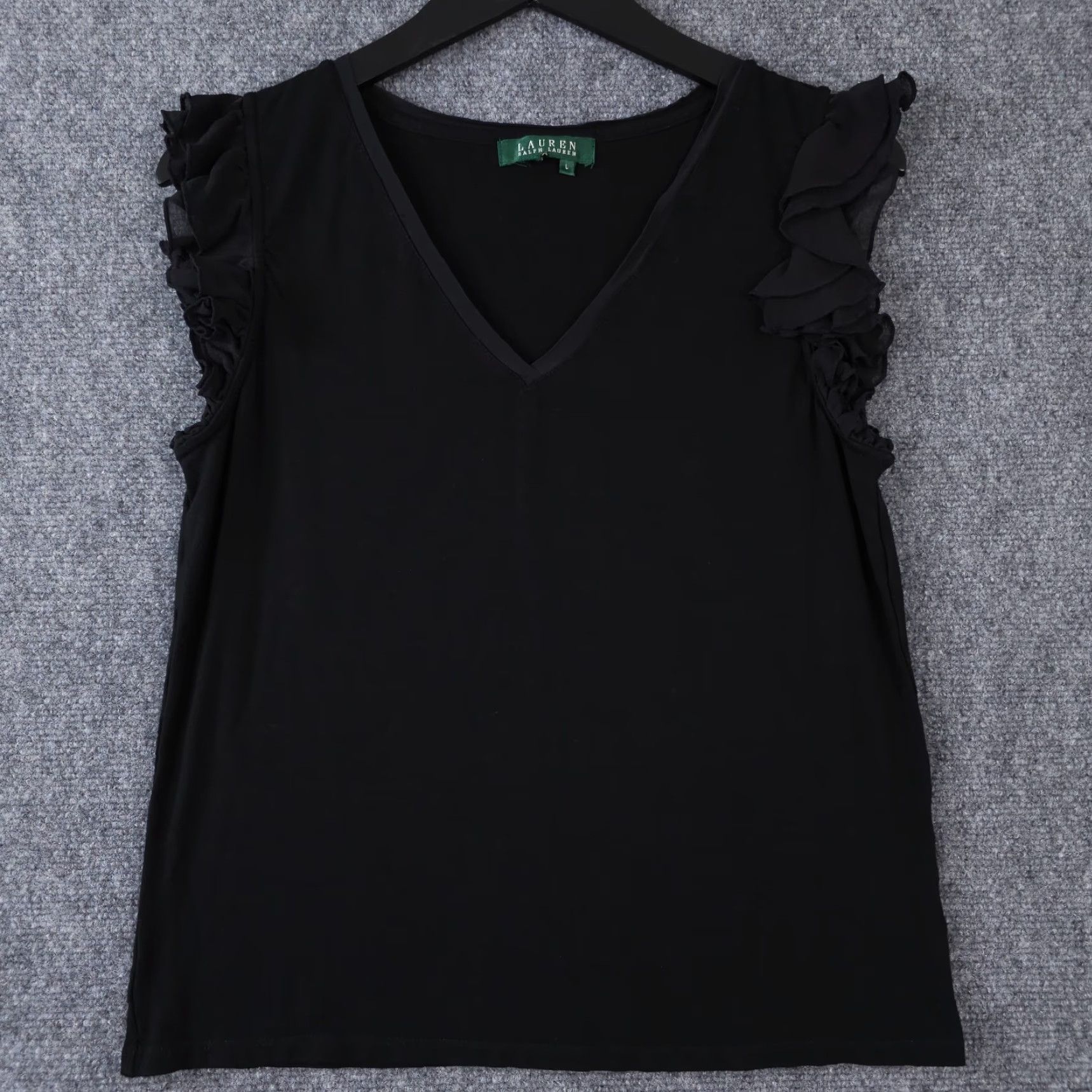 Ralph Lauren Lauren Ralph Lauren Shirt Womens Large Black Sheer Ruffle Cap Sleeve V Neck Top Size L / US 10 / IT 46 - 2 Thumbnail