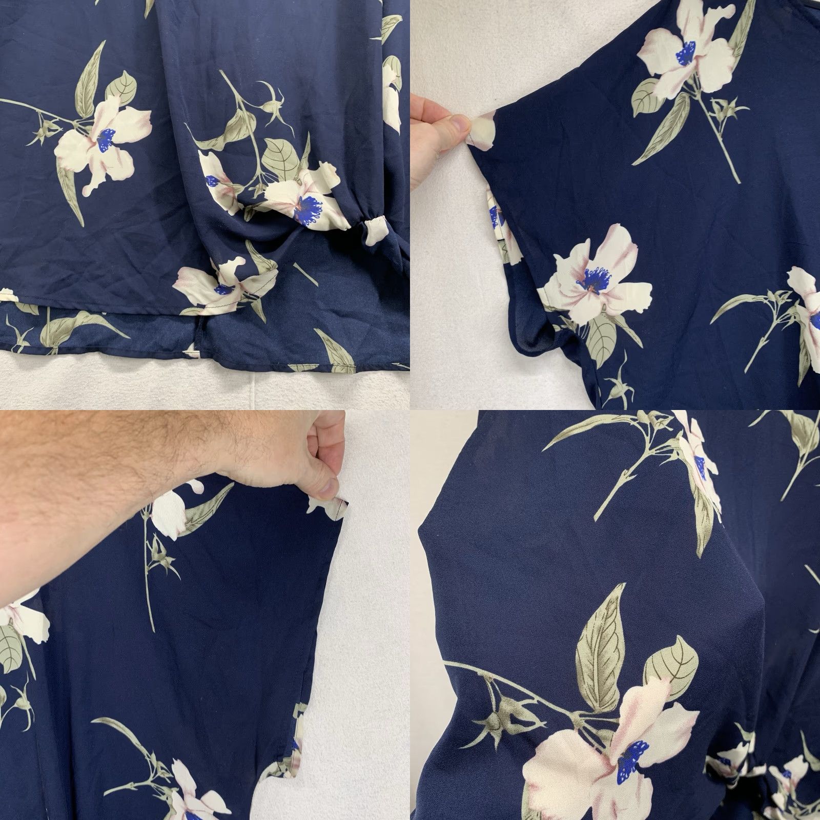 Vintage Women’s Blouse 2X Dark Blue Floral Tie Waist Sheer Lightweight Ivory Flowers Size XXL / US 16-18 / IT 52-54 - 8 Thumbnail