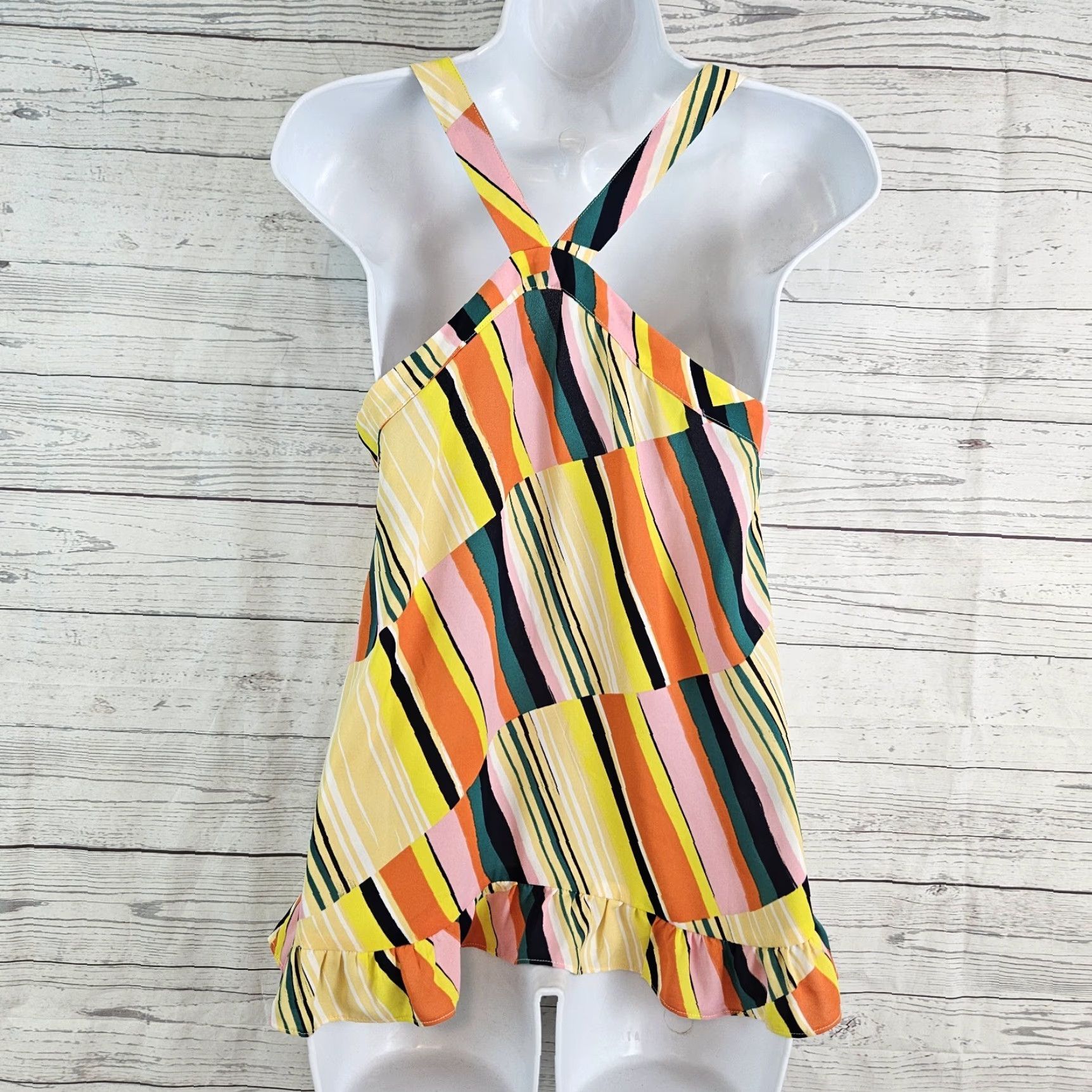 Vintage Cabi 5979 Womens Tank XS Yellow Orange Stripe Skip Halter Shirt? Size XS / US 0-2 / IT 36-38 - 3 Thumbnail