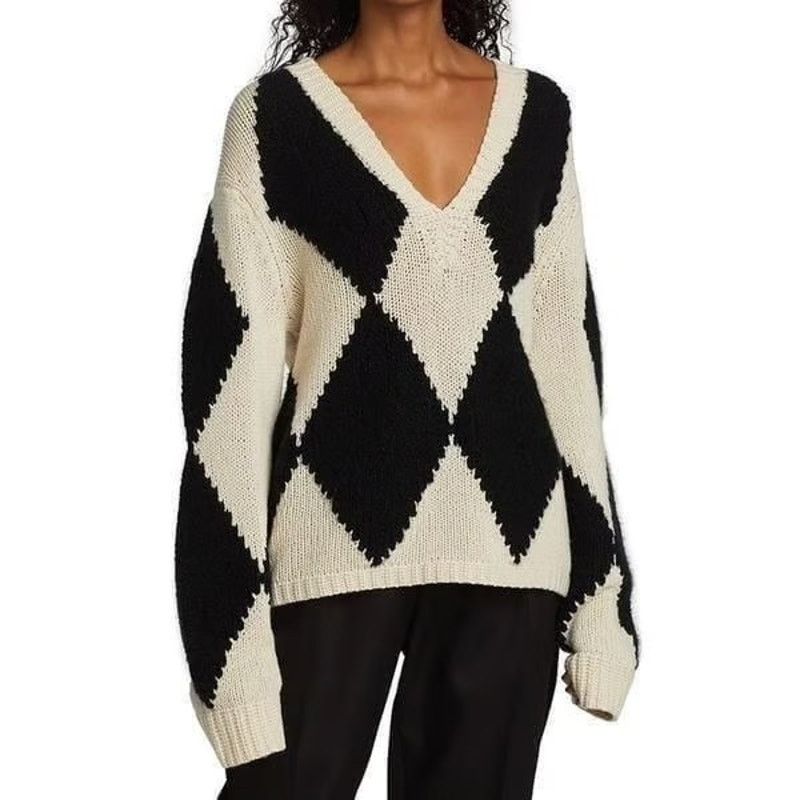 KHAITE Khaite Valerie Argyle Cashmere Sweater Deep V-Neck Oversized Size M / US 6-8 / IT 42-44 - 1 Thumbnail