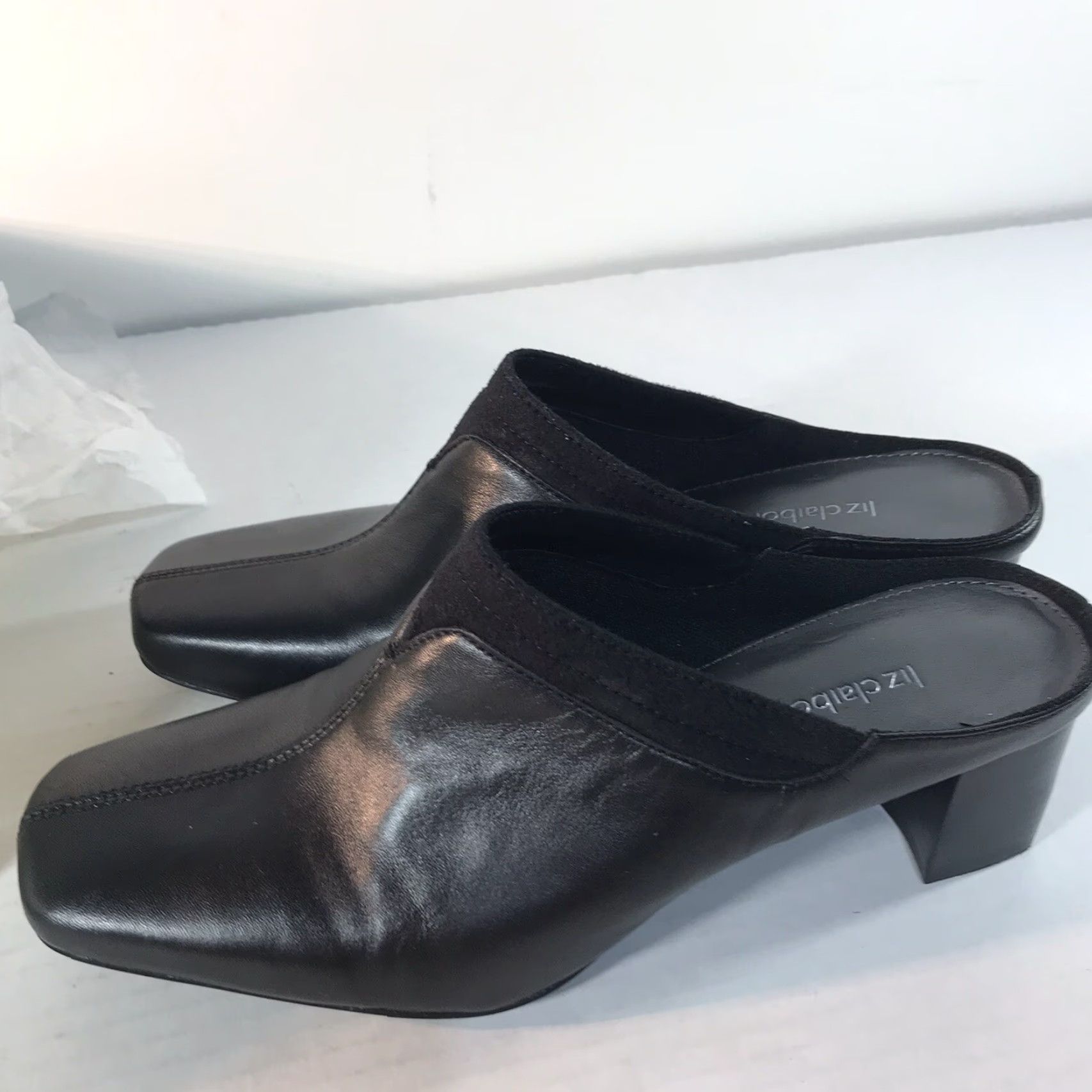 Liz Claiborne Liz Claiborne Black Leather Mules Womens Size 7.5 Square Toe Slip On Block Heel Size US 7.5 / IT 37.5 - 3 Thumbnail