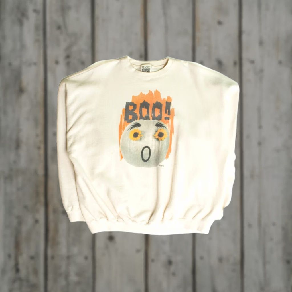 X-LARGE VINTAGE Maze Boo! Halloween Sweatshirt 1995 X-Large White Pumpkins Graphic Unisex Adults Sweatshirts Size US XL / EU 56 / 4 - 1 Thumbnail