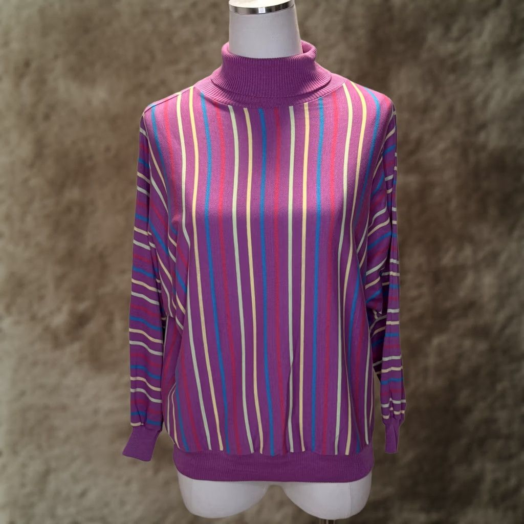 Vintage VINTAGE Ginni's Girl Sweater Womens Large Dolman Striped Mock Neck Made USA 80s Size L / US 10 / IT 46 - 1 Thumbnail