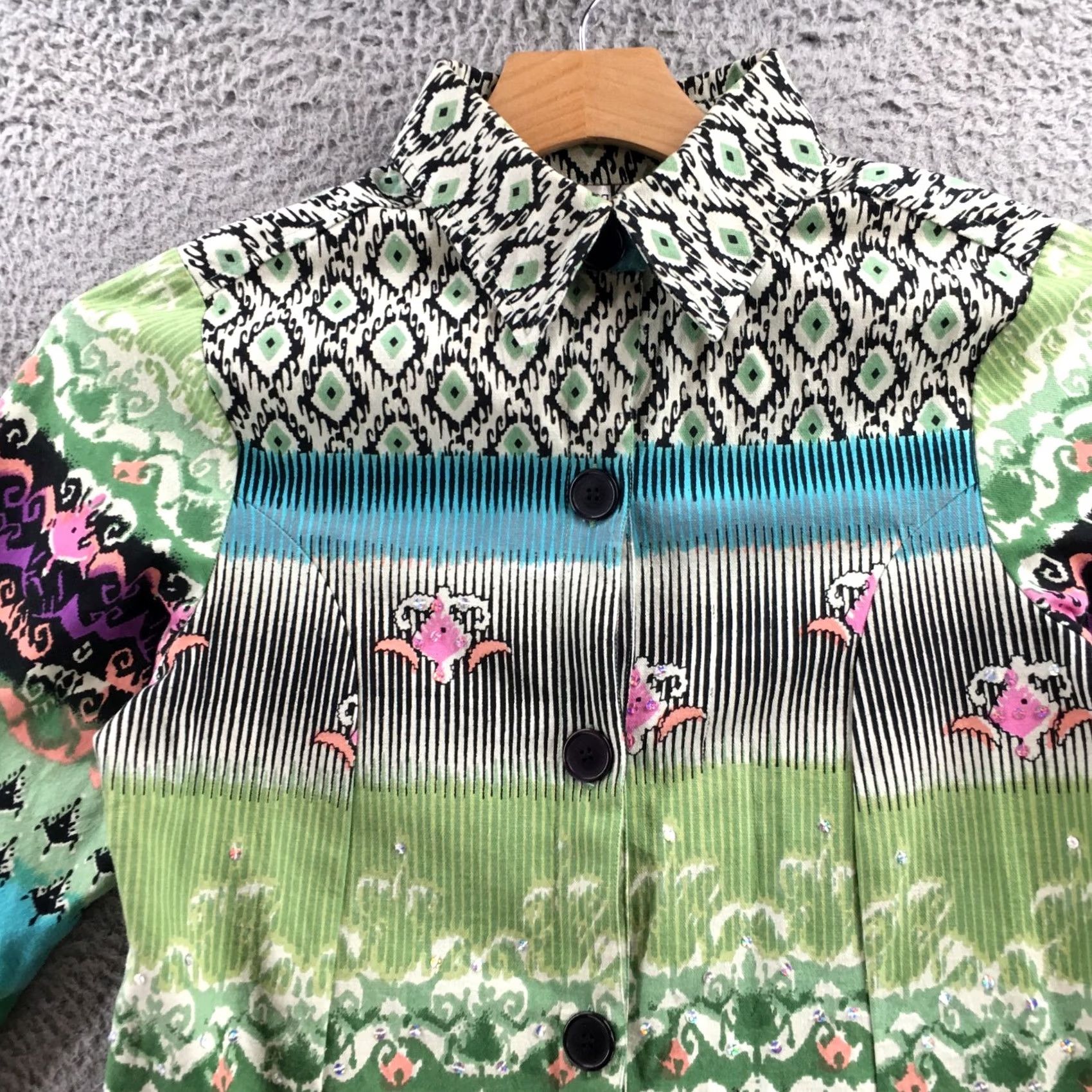 Vintage Shana K Shirt Women M Multi Abstract Print 3/4 Sleeves Button Up Collared Cotton Green Classic Geometric Casual All Seasons Mens? No Size M / US 6-8 / IT 42-44 - 2 Thumbnail