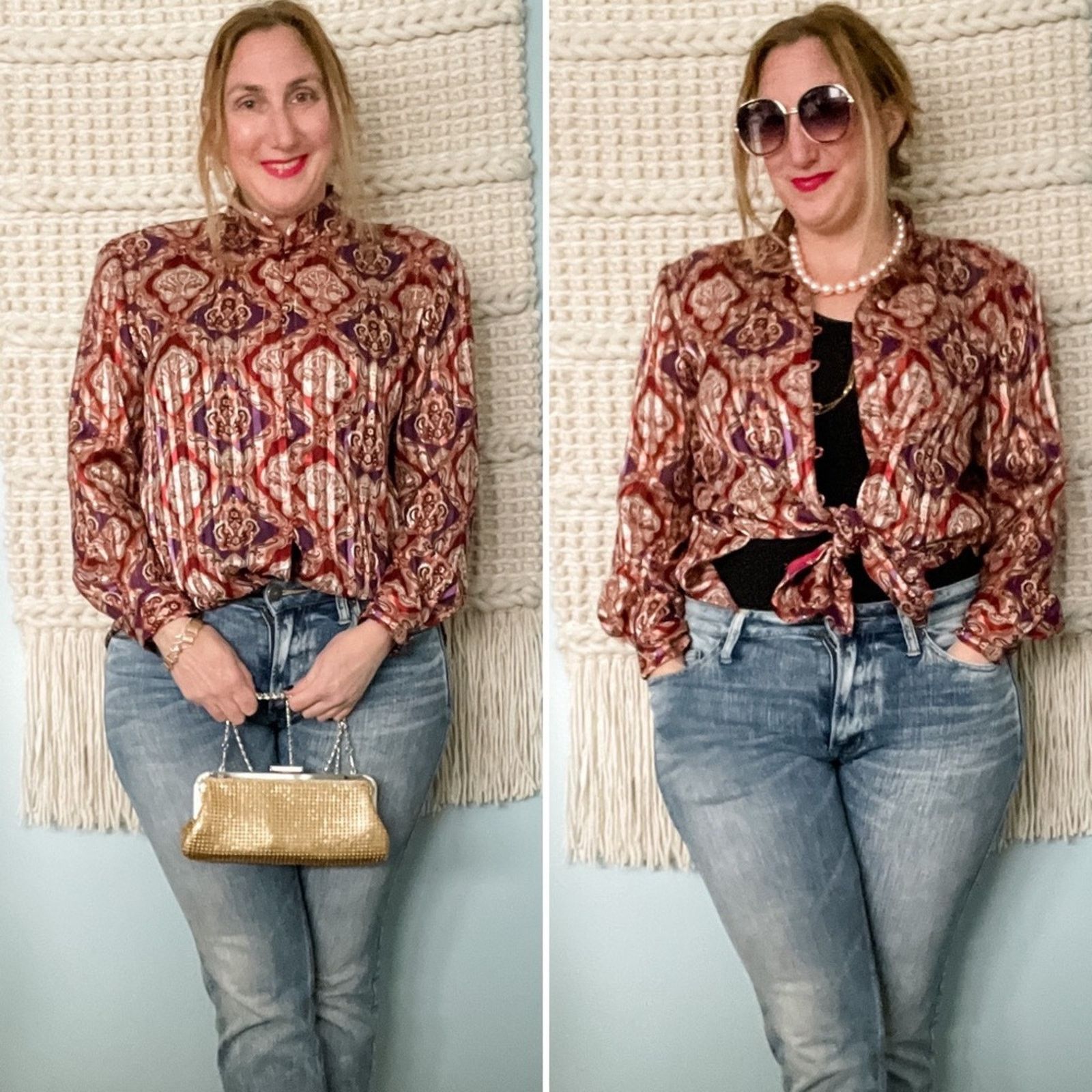 Vintage Vintage medallion crinkle pleated collarless metallic blouse Size L / US 10 / IT 46 - 7 Thumbnail
