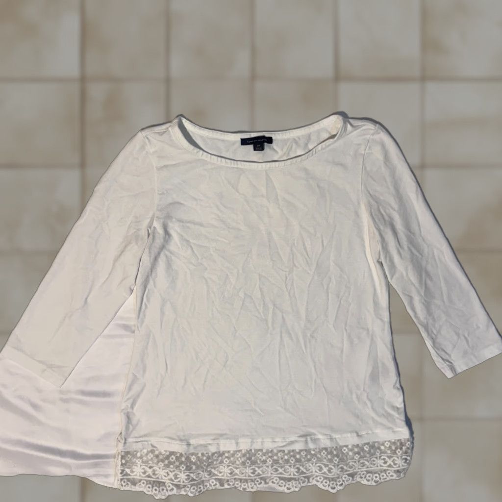 Tommy Hilfiger Tommy Hilfiger White Cotton Stretch Blend Top - S 3/4 Sleeve Lace Hem Shirt Womens Logo Casual All Seasons White Size S / US 4 / IT 40 - 1 Thumbnail