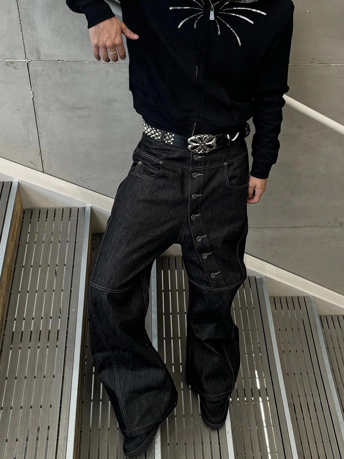 Japanese Brand Japanese Style Raw Denim Wide Leg Button Stud Jeans Size US 32 / EU 48 - 4 Thumbnail
