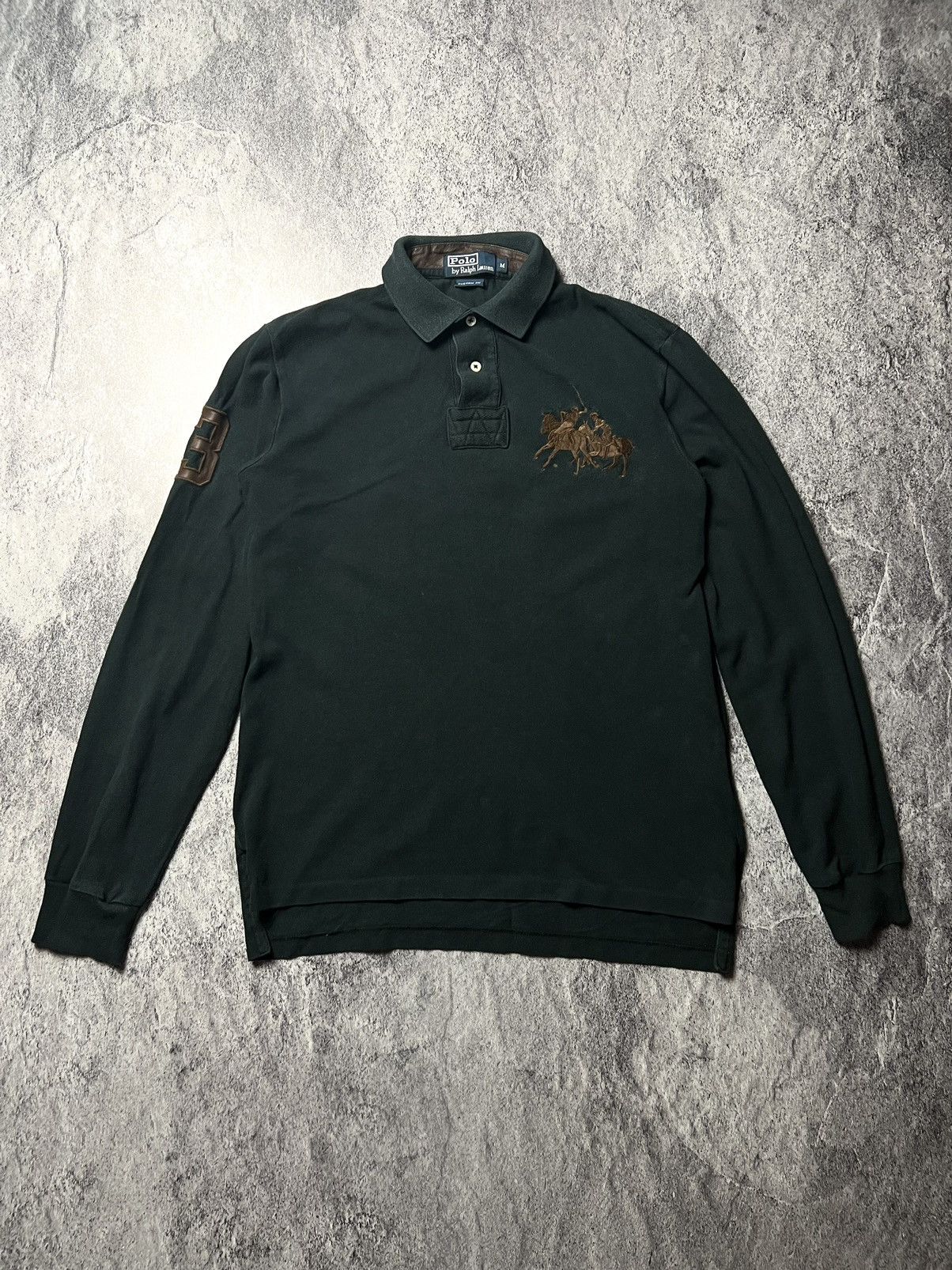 Pre-owned Polo Ralph Lauren X Vintage Polo By Ralph Laurent Horseman Leather Patch Rugby L/s Tee In Washed Black