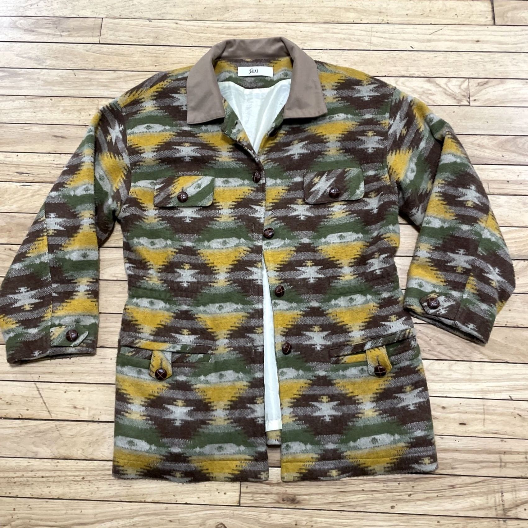 Vintage SUKI Southwestern Jacket Women M Lined Shacket Brown Buttons Green Yellow Hippie Size M / US 6-8 / IT 42-44 - 3 Thumbnail