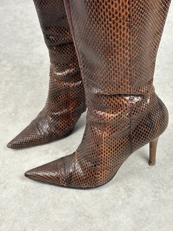Dolce & Gabbana 2000s Dolce & Gabbana Brown Python Leather Knee-High Heeled Boots Size US 8 / IT 38 - 5 Thumbnail