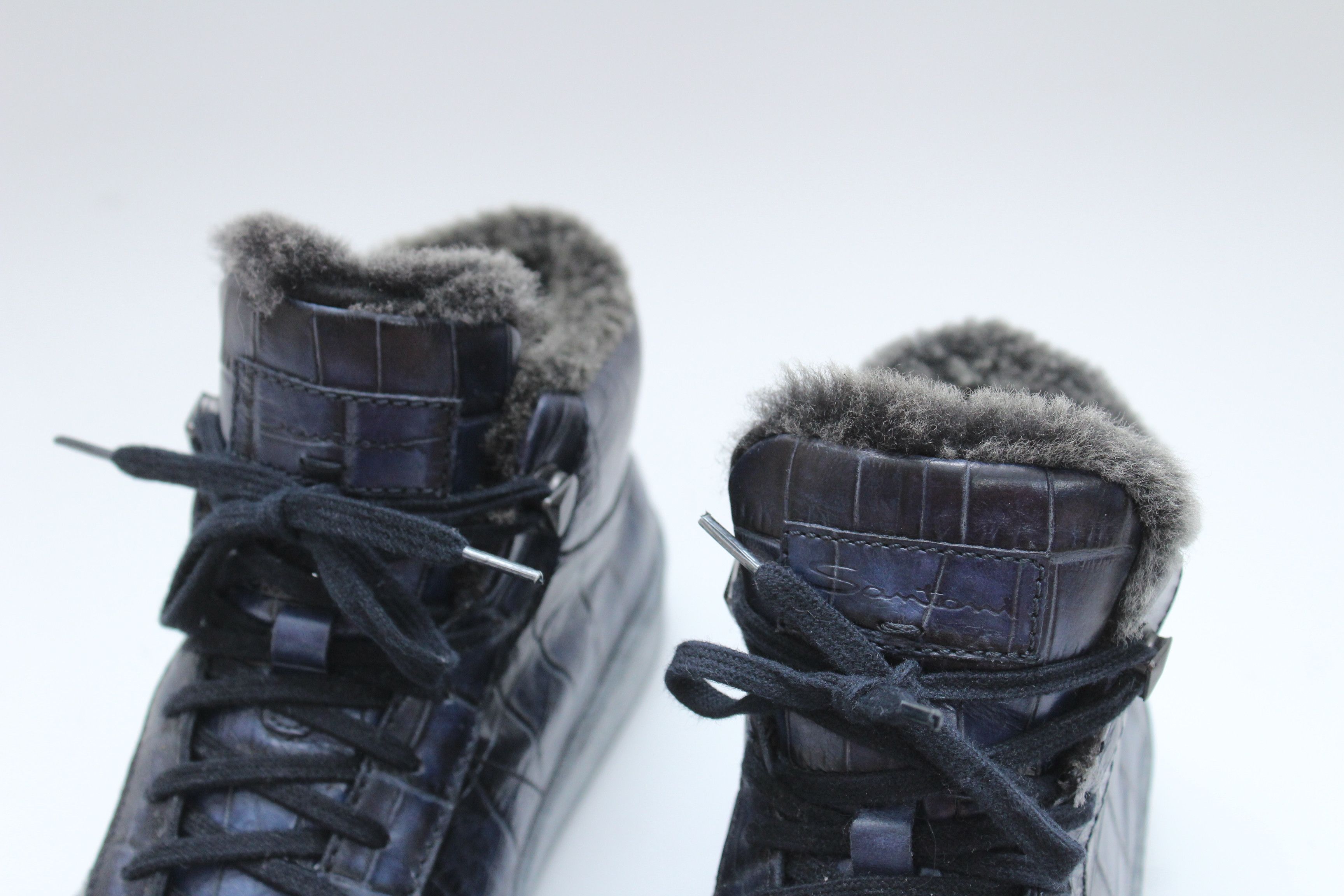 Santoni Santoni Navy Crocodile Embossed Leather Fur Lined Sneakers Size US 8 / EU 41 - 14 Thumbnail