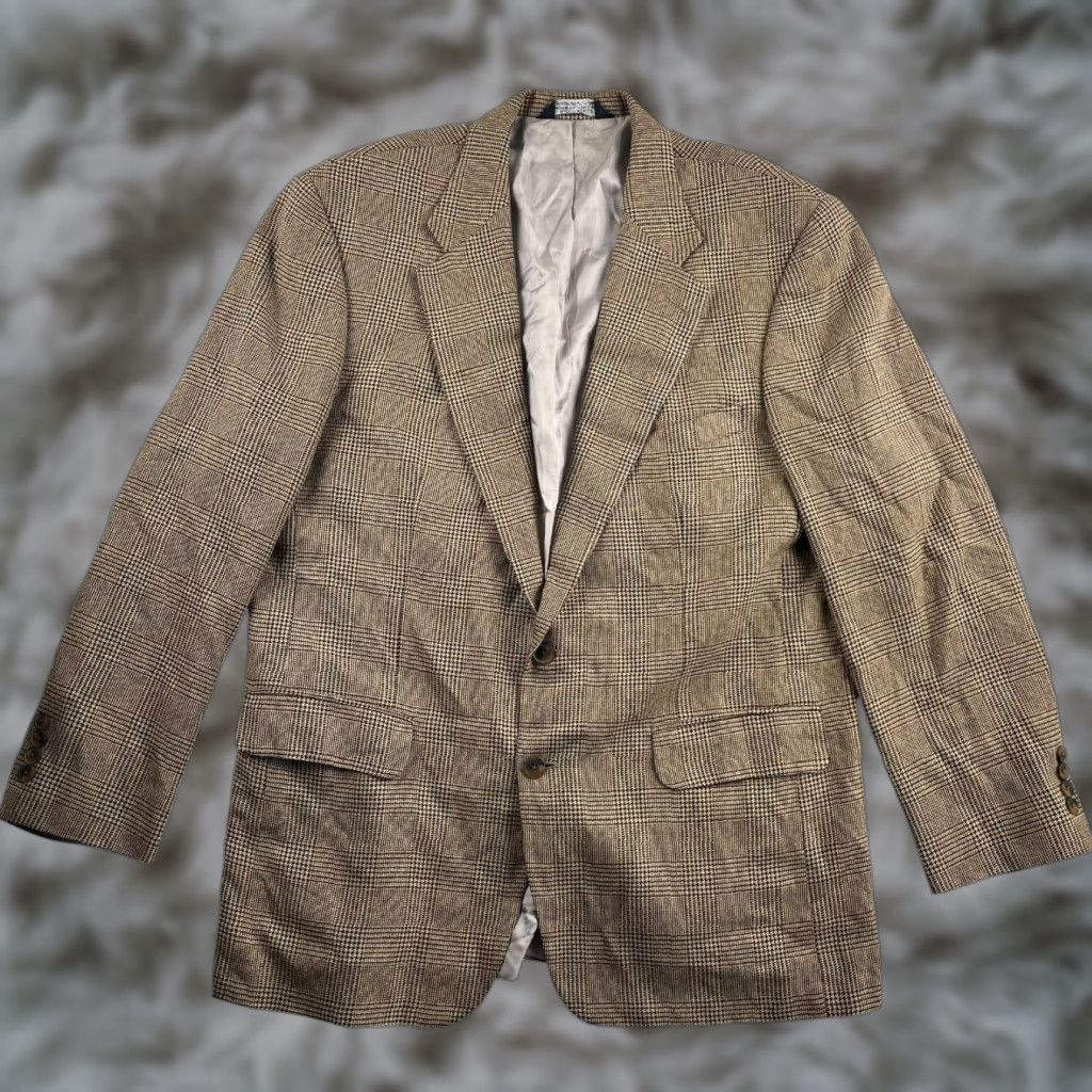 Lands' End Lands' End Blazer Men 46L Brown Wool Silk Nylon Plaid Two-Button Notch Single-Vented Size 46R - 1 Thumbnail