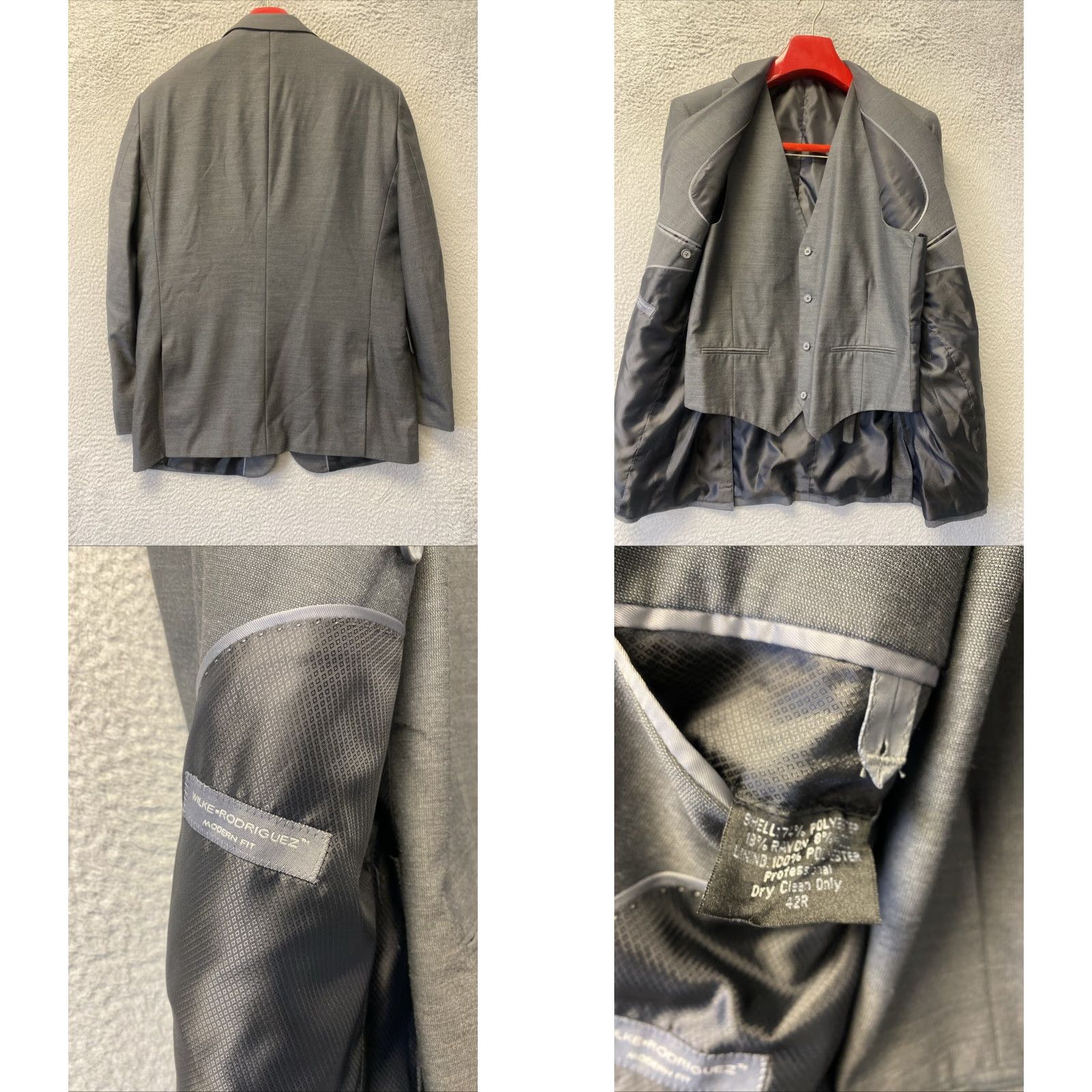 Vintage Wilke Rodriguez Blazer Jacket 2 Piece Men's 42R Gray Wool Blend Modern Fit Peak Lapel Size 42R - 8 Thumbnail