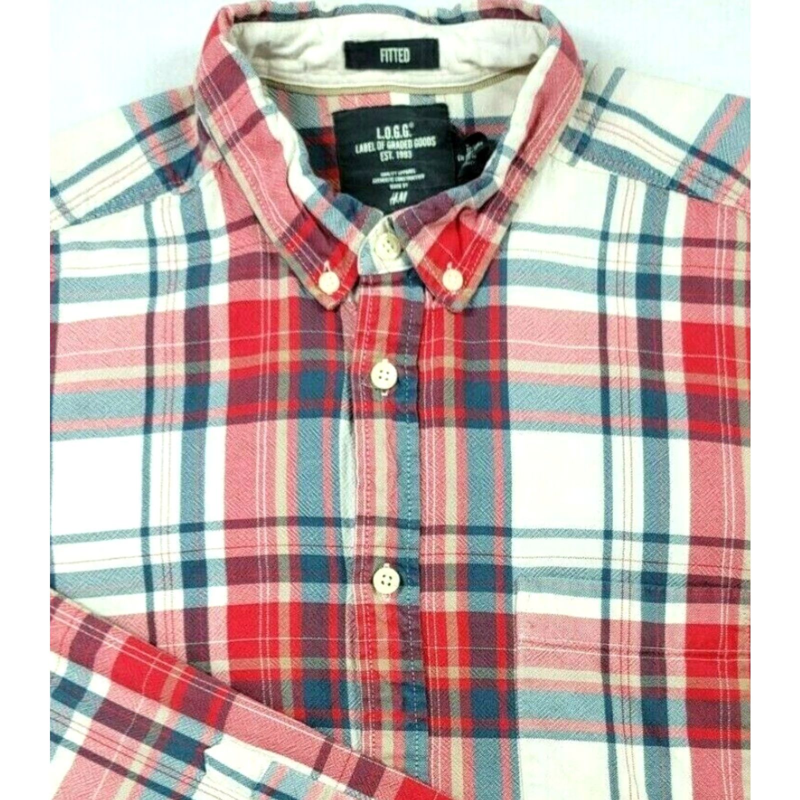 H&M L.O.G.G by H&M Mens Button-Up Shirt Plaid White Red Long Sleeve Adult Large Cotton 100% Pocket Classic Collar Mens Size US L / EU 52-54 / 3 - 3 Thumbnail