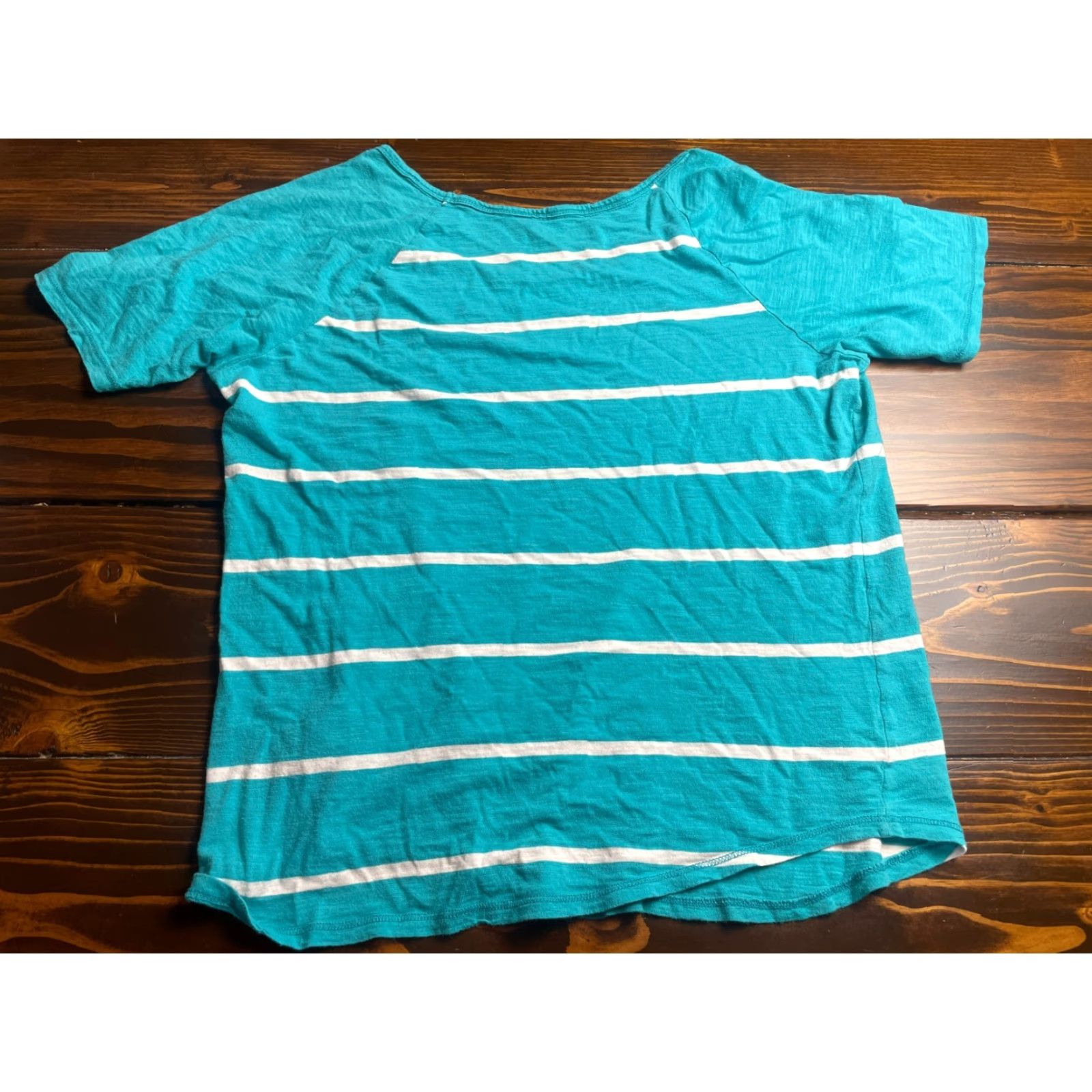 Vintage Maurices Shirt Women's Plus Size 1X Turquoise White Striped Round Neck Tee Shirt Size XL / US 12-14 / IT 48-50 - 2 Thumbnail