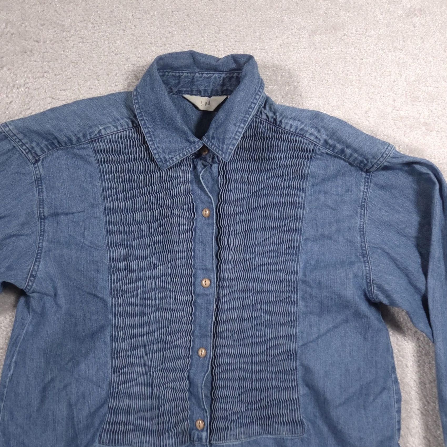 J. Jill J Jill Shirt Womens XS Blue Denim Pintuck Bib Button Front Long Sleeve Tunic Top Size XS / US 0-2 / IT 36-38 - 4 Thumbnail