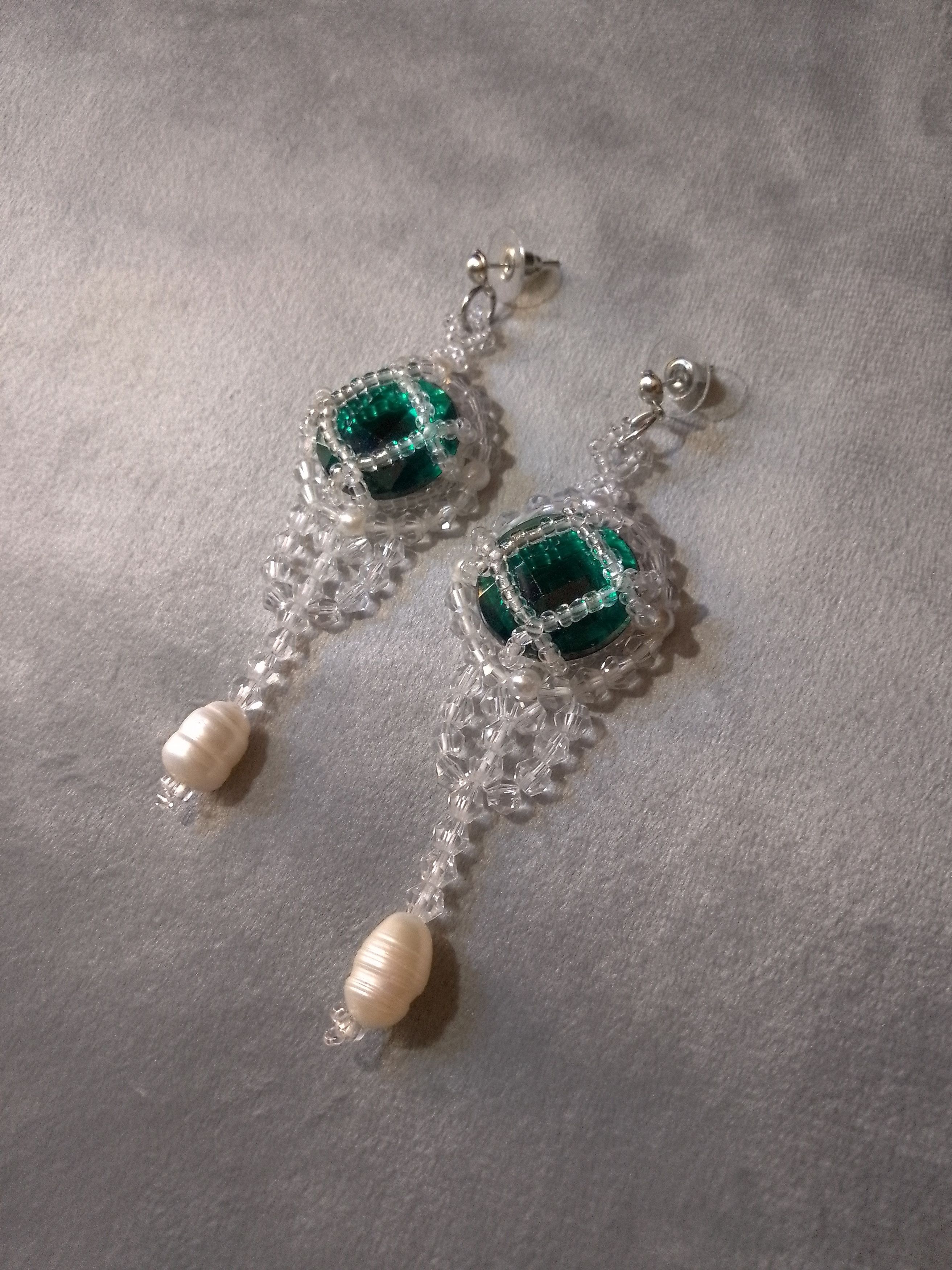 Handmade Chandelier dangle earrings Green zircons freshwater pearls Size ONE SIZE - 1 Thumbnail